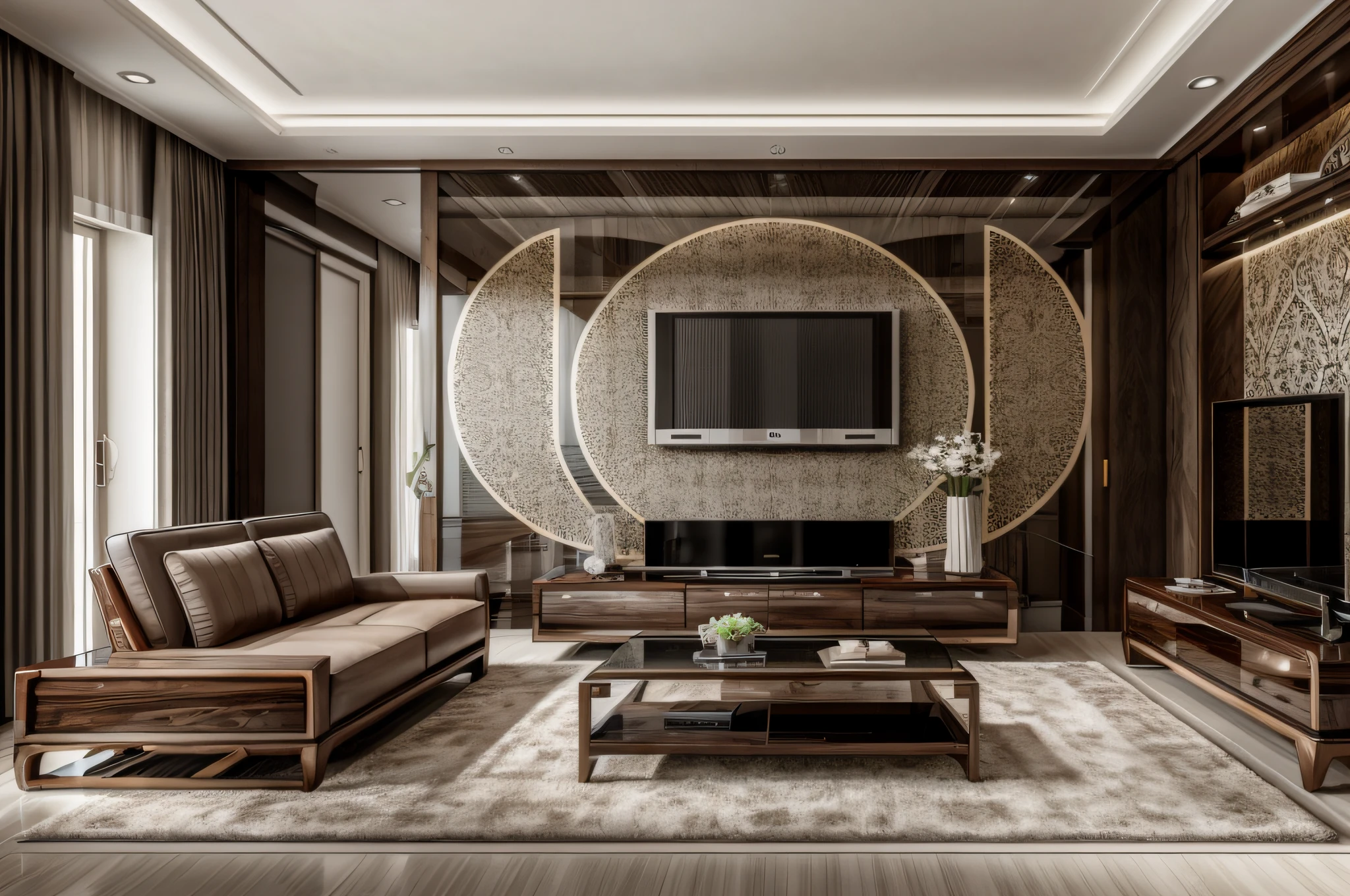 Modern, luxurious livingroom, Modern style interior, furniture made of walnut, masterpiece, surreal, 32k, extremely detailed CG unity 8k wallpaper, best quality