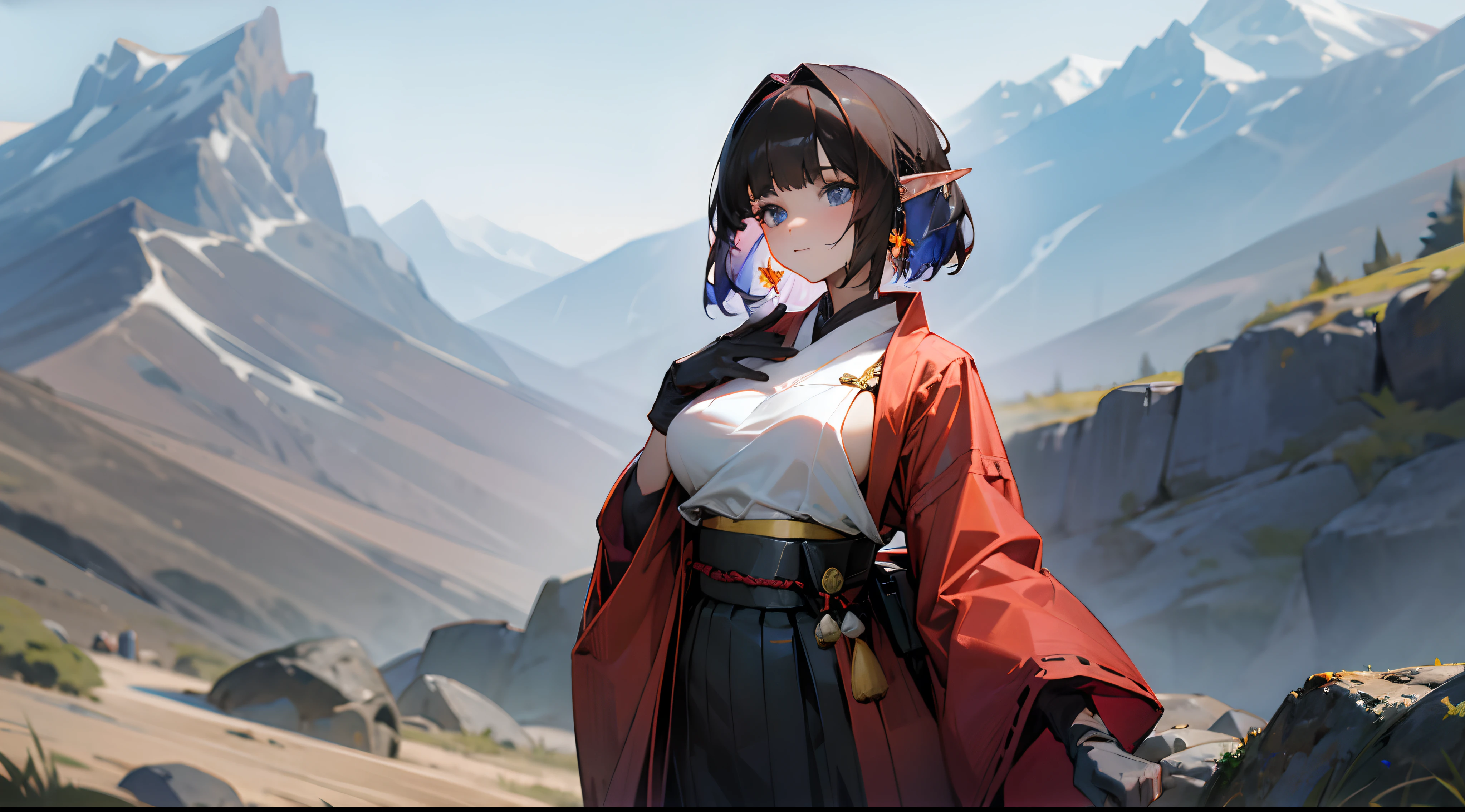 Eunectes,  tits, Against the background of the mountain, Japanese outfit,