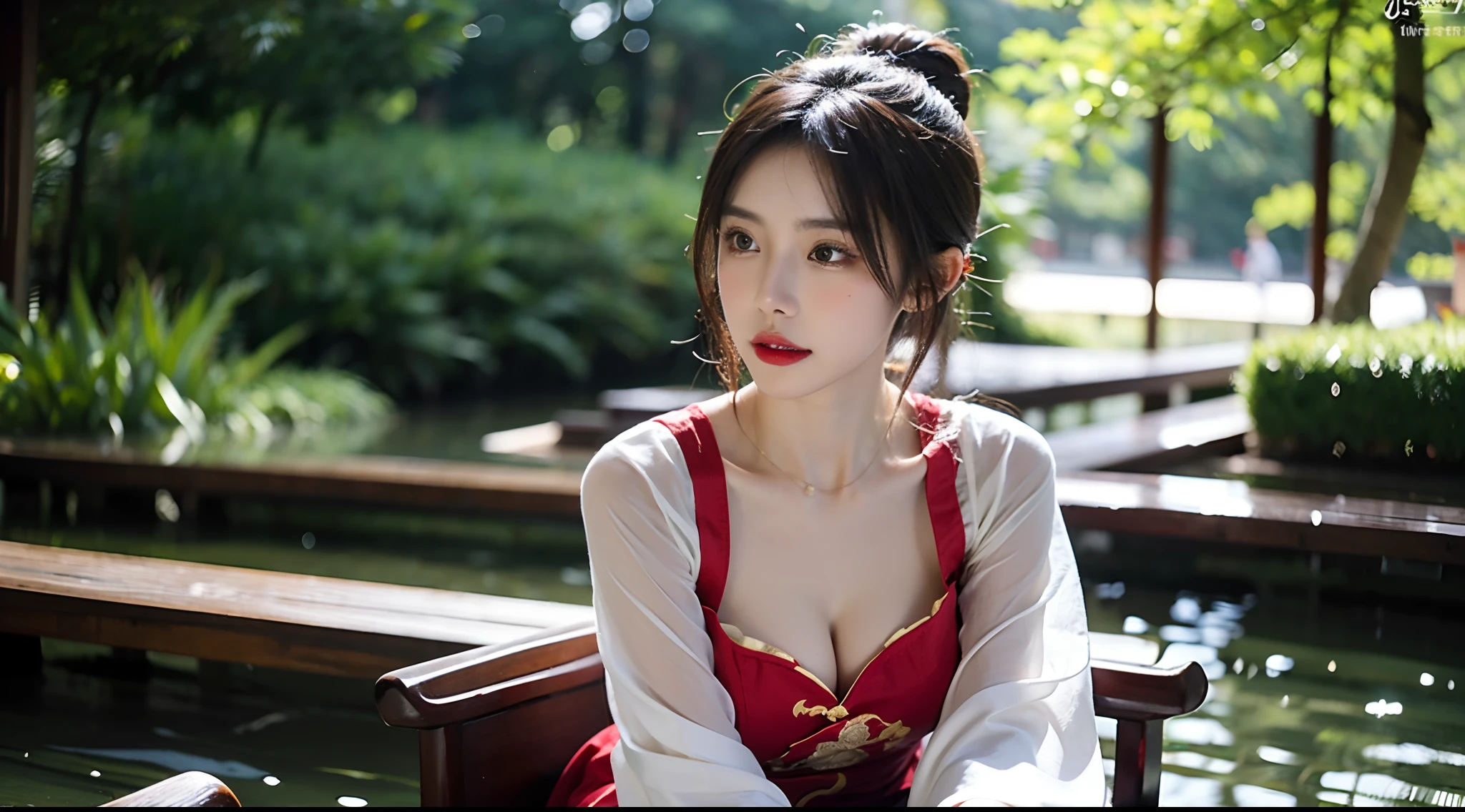 (A half body，Close-up，closeup cleavage：1.2)，Arakfi Asian woman sitting in chair，Wearing a green and gold dress, (outside,hot onsen，florals，grassy，nevando） ， A girl in Hanfu, Hanfu, Cheongsam, with acient chinese clothes, Traditional beauty, Traditional Chinese clothing, Wearing ancient Chinese clothes, Chinese style, Chinese dress, Chinese costume, Chinese traditional, Chinese girl, wearing ornate silk clothes，Redlip,（solo person）