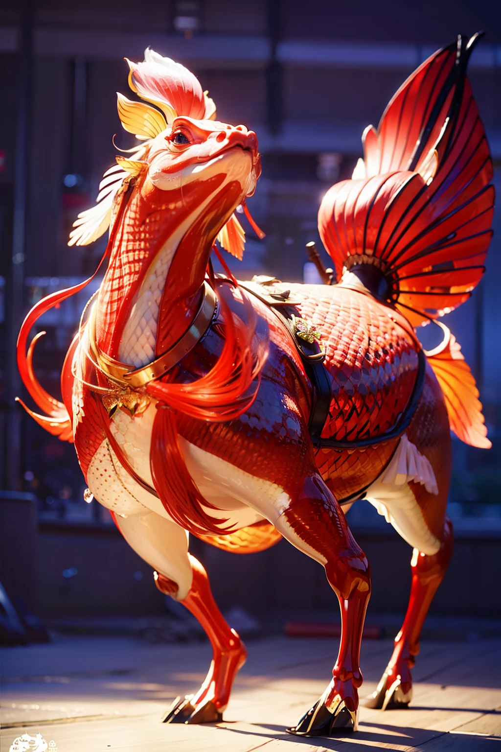 a little lovely ??? girl,Riding a giant lovely carp,The red scales of the carp sparkle,transparent glass texture,3D, All characters in detailed full body, Highly detailed, vibrant, Ultra high quality, hyper photorealism, Photorealism, rendering by octane,Glass texture