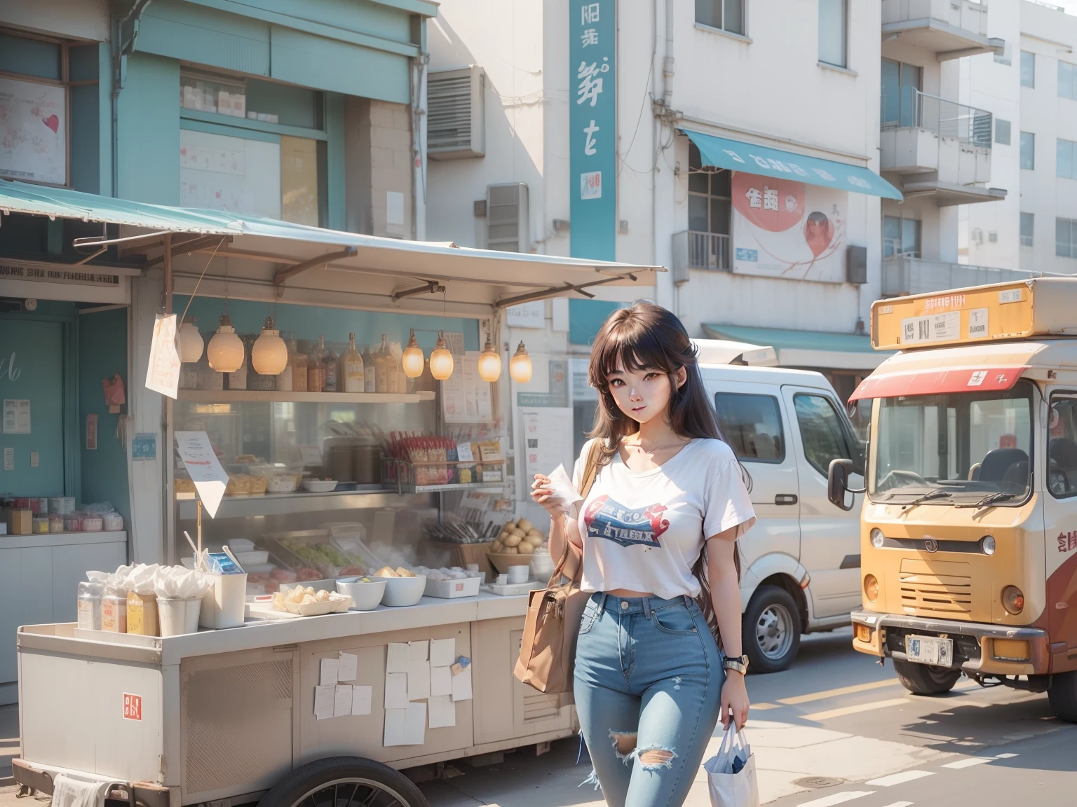 Anime style, beautiful asian girl, blue jean skirt, white t-shirt with red heart on, brown curly shoulder length hair