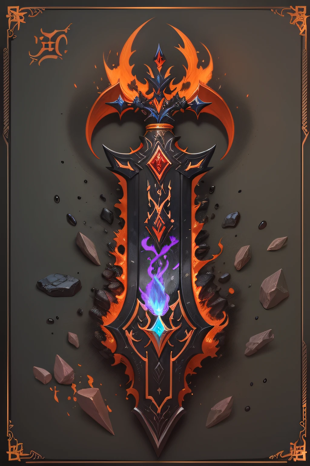 Blazing mythic sword pulled from infernal depths, molten lava dripping on obsidian blade, demonic runes Items and gear listed on the side