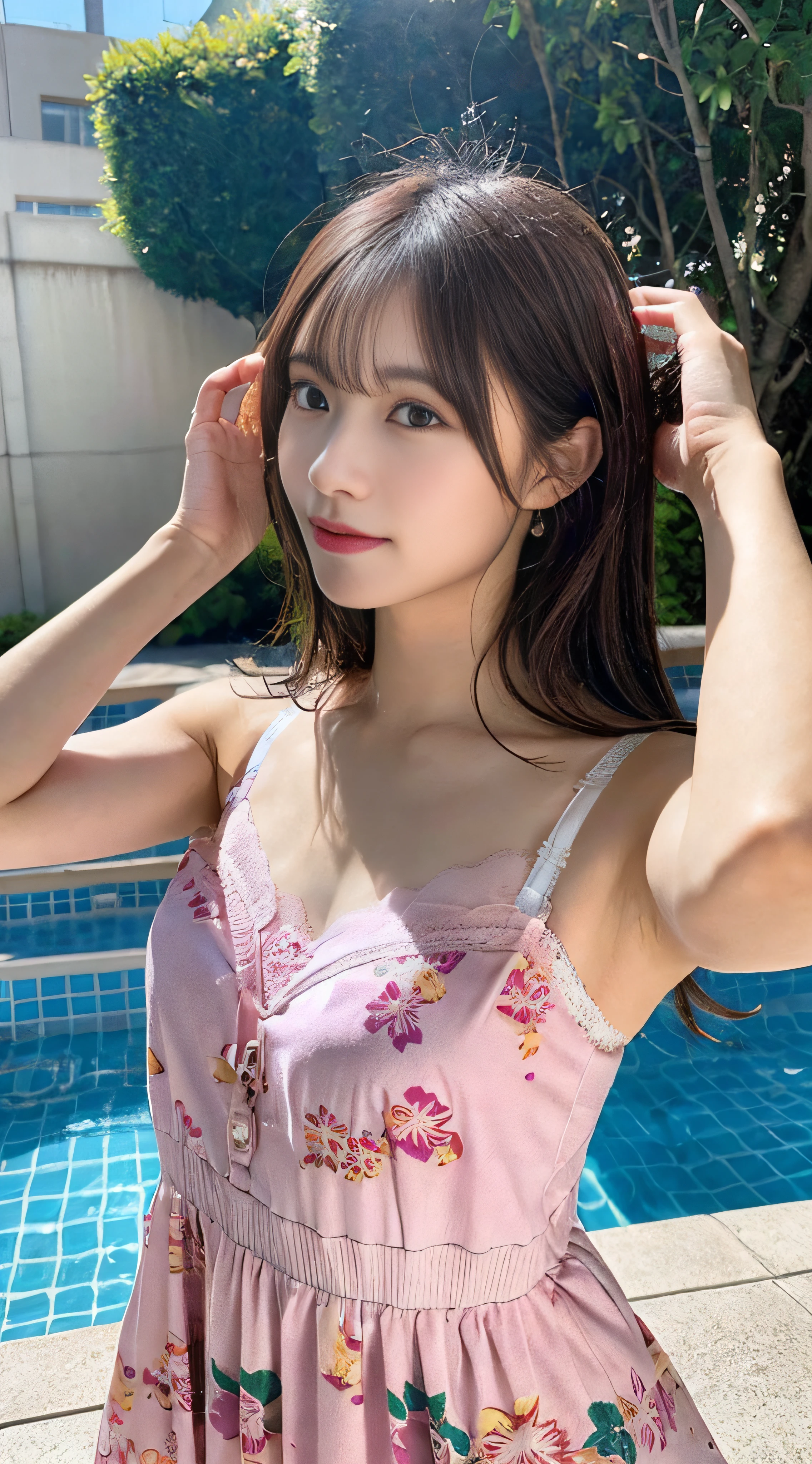 pretty girl、(Highest quality、8K、masterpiece:1.2、RAW Photos)、、Baby Face、Idol Face)、Beautiful and detailed、((Cute patterned swimsuit))、Beautiful sea、(Slender body line)、(Small and slender figure:1.3)、(Sexy pose)、Safe Work、(Beautiful breasts、Bending over to show cleavage:1.3)、Small beautiful butt、(Mischievous Smile:1.2)、View the viewer、blush、(Detailed eyes and face:1.3、Professional photography techniques)、(Detailed hands、A girl's small and beautiful hands)、Reality