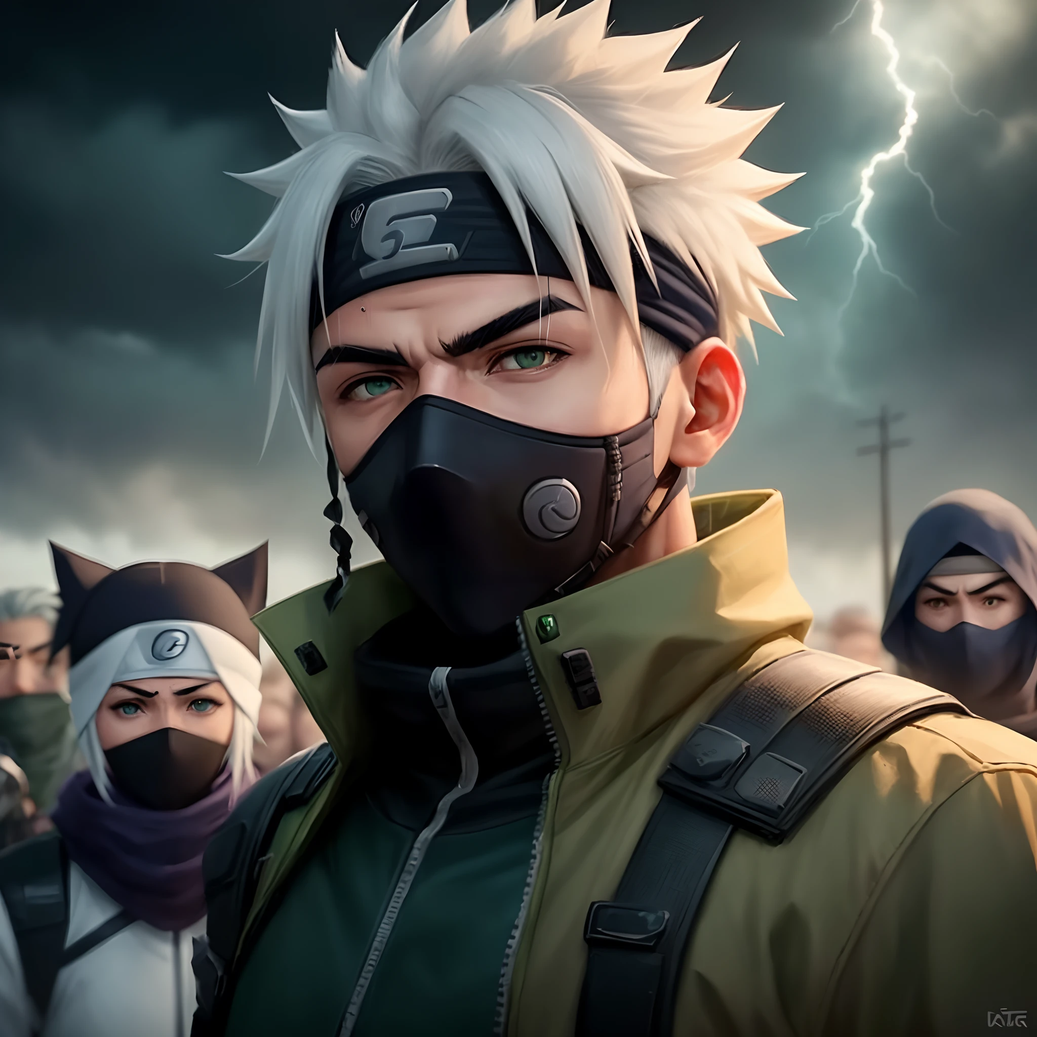 Um ninja futurista com cabelos brancos, Um corte no olho esquerdo, Olhos vermelhos, com mascarador,segurando faca, headband,green jacket,Futuristic,best quality, Realismo, hatake Kakashi from Naruto, homem bonito, Realistic, 8k, best quality, master part, high resolution, ultra realistic, Kakashi, Ninja, efeito glitch, Tobots futuristas, thunder effect, cinematic photography, papel de parede 8k, olhos detalhados, manly, musculoso, forte, rosto marcante