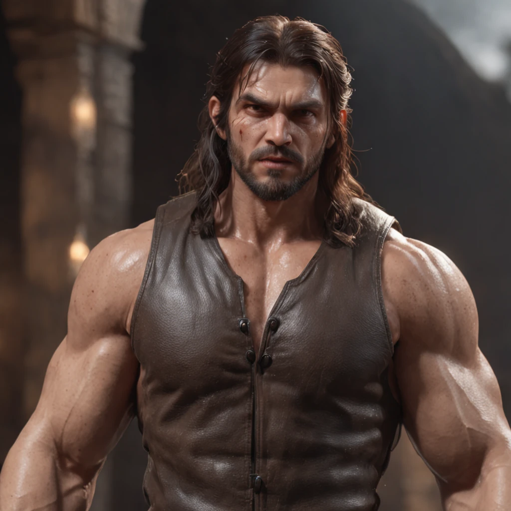(professional 3d render:1.3) af (Realistic:1.3) most beautiful artwork photo in the world,Features soft and shiny male heroes, ((Epic hero fantasy muscle man rough wet hero angry look long hair short beard and ferocious expression in dynamic pose, Fantastic location, Majestic cluttered environment)), full body 8k unity render, action shot, skin pore, very dark lighting, heavyshading, Detailed, Detailed face, (vibrant, photograph realistic, Realistic, Dramatic, Dark, Sharp focus, 8K), (Old leather garments damaged by weathering:1.4), ((((Wear fur)))), (Intricate:1.4), decadent, (Highly detailed:1.4), Digital painting, rendering by octane, art stations, concept-art, smooth, Sharp focus, illustration, Art germ, (loish:0.23), wlop ilya kuvshinov, and greg rutkowski and alphonse mucha gracias, (Global illumination, Studio light, volumettic light), heavy rain, particles floating, lotr, fantasy, elf, full bodyesbian, ((Dark and ancient city background:1.3)),CGSesociety,art stations
