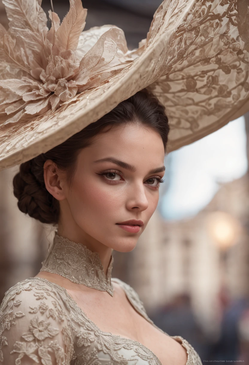 Photorealistic head-to-toe image of a gorgeous brunette woman wearing a tight formal gala-dress and a large chupalla-hat, hair in a bun, hair-bun, Colorants naturels, pose dynamique, Kinematic image, detail Gorgeous face, detailed skin, (Epic science-fiction heroine, fantasy world, Femme fatale, (inspired by Tomer hanuka, Victor Mosquera, jean giraud moebius)) Looking with purple eyes on camera, Rendu octane, Hdr, couvrir, unzoom, luminisme, Bar lighting, complexe, 8k Resolution Portrait Bioluminescens Fractal Isometry Details : Stunning realistic photography.