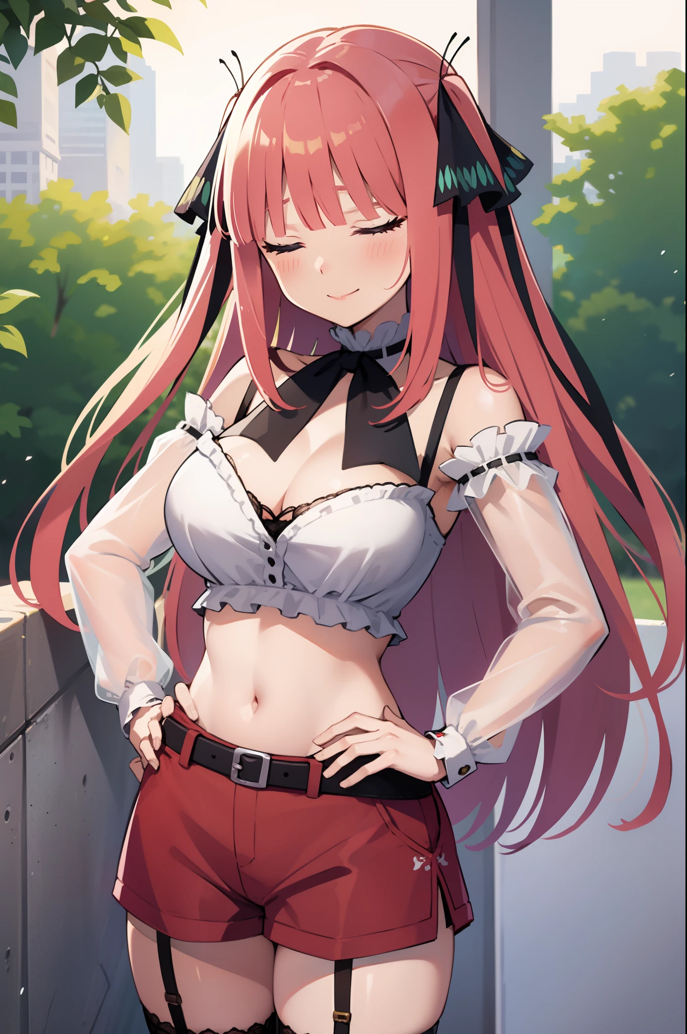 suzunapc, looking at viewer, blush, smile, large breasts, long sleeves, bow, navel, cleavage, hair between eyes, bare shoulders, very long hair, closed mouth, standing, collarbone, pink hair, heart, sidelocks, thighs, cowboy shot, sweat, outdoors, detached sleeves, one eye closed, horns, sky, shorts, choker, day, midriff, belt, hand up, wide sleeves, bowtie, armpits, stomach, blurry, blue sky, groin, hand on hip, short shorts, v, black bow, detached collar, depth of field, blurry background, garter straps, demon horns, lace trim, ;), black bowtie, cross-laced clothes, red shorts