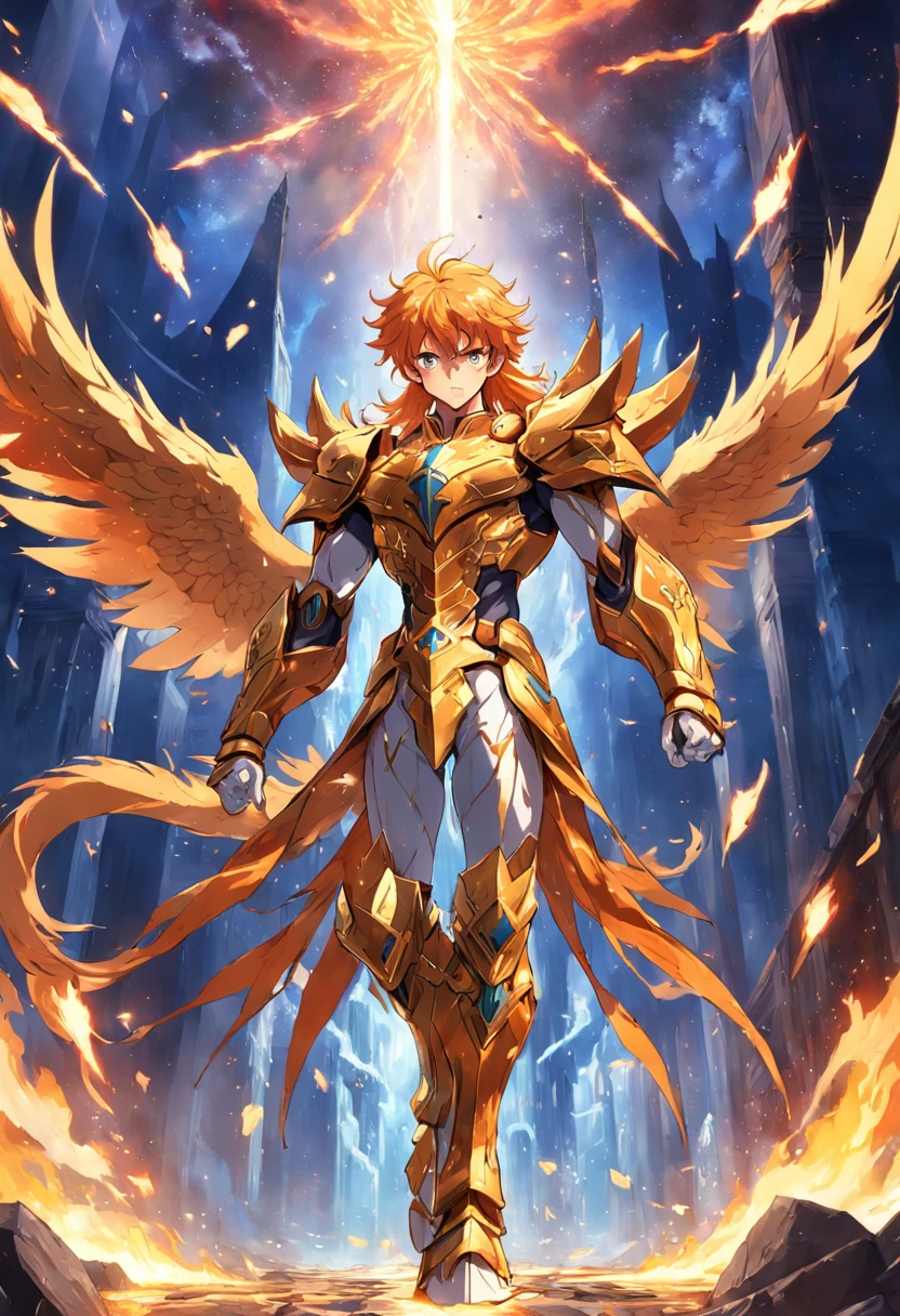 ikki from phoenix, 1 homem, cavaleiro de phoenix, Anime Knights of the Zodiac, Anime saint Seyia, imagem fantasia, cavaleiro de phoenix andando envolto de fragmentos de cristal dourado and fire, highly detailed destroyed greek temple background