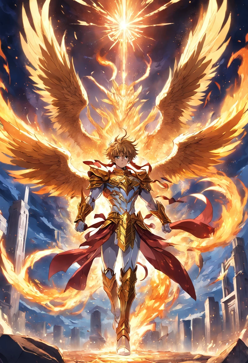 ikki from phoenix, 1 homem, cavaleiro de phoenix, Anime Knights of the Zodiac, Anime saint Seyia, imagem fantasia, cavaleiro de phoenix andando envolto de fragmentos de cristal dourado and fire, highly detailed destroyed greek temple background