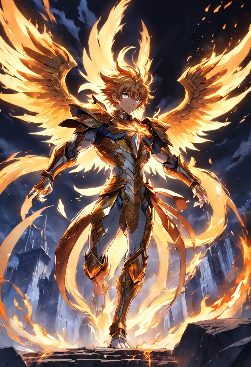 ikki from phoenix, 1 homem, cavaleiro de phoenix, Anime Knights of the Zodiac, Anime saint Seyia, imagem fantasia, cavaleiro de phoenix andando envolto de fragmentos de cristal dourado and fire, highly detailed destroyed greek temple background
