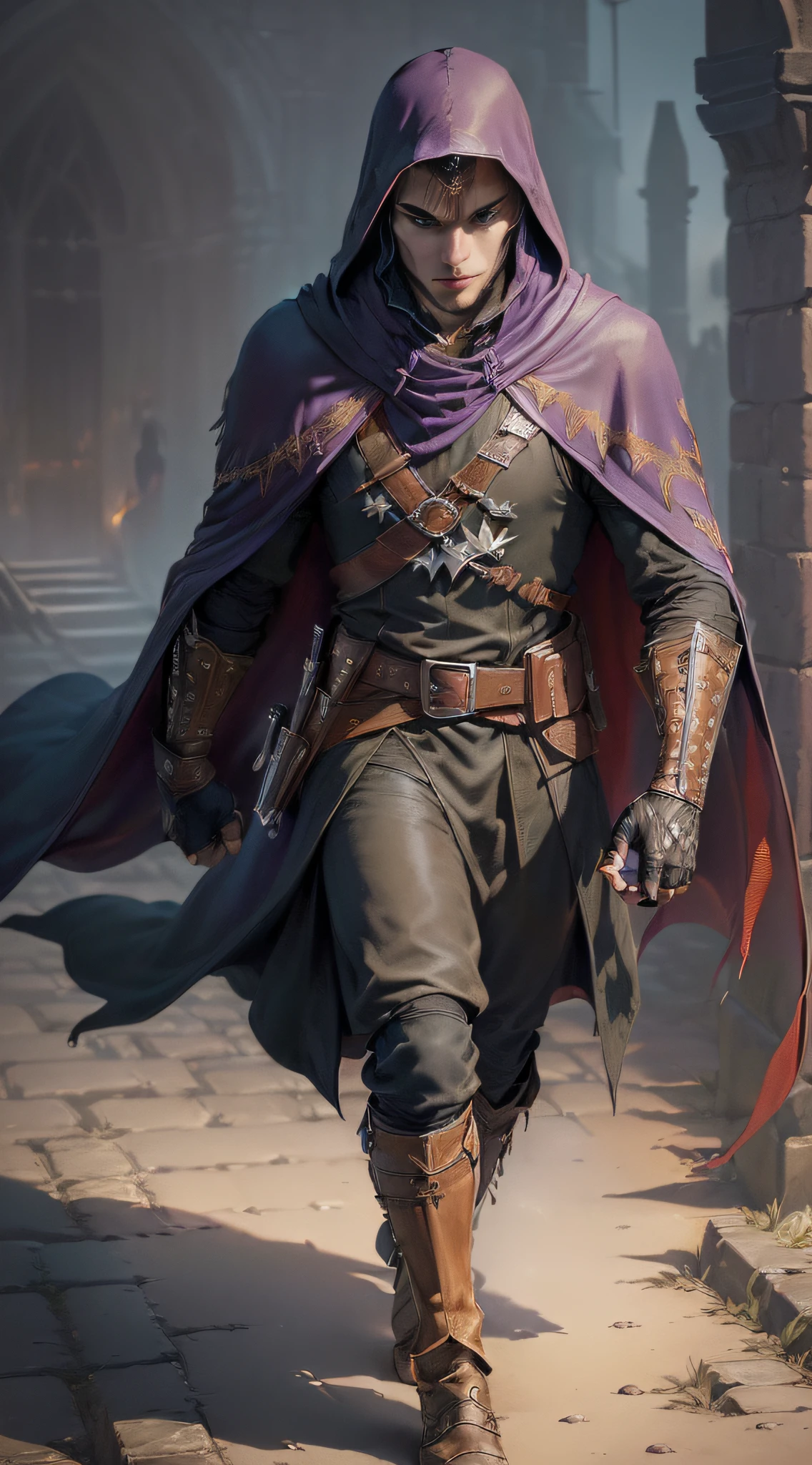 (superfine illustration, Best Quality, Ultra-detailed, correct depiction, Perfect fingers, Perfect hands, medieval fantasy:1.5), (dreadful assassin, walk away, male focus, solo, dynamic angle,:1.5), expressionless, (assassin's costume, assassin's cloak, fingerless gloves:1.5), empty cult as background, dusk, backlighting, male hair, extremely short hair, purple hair,