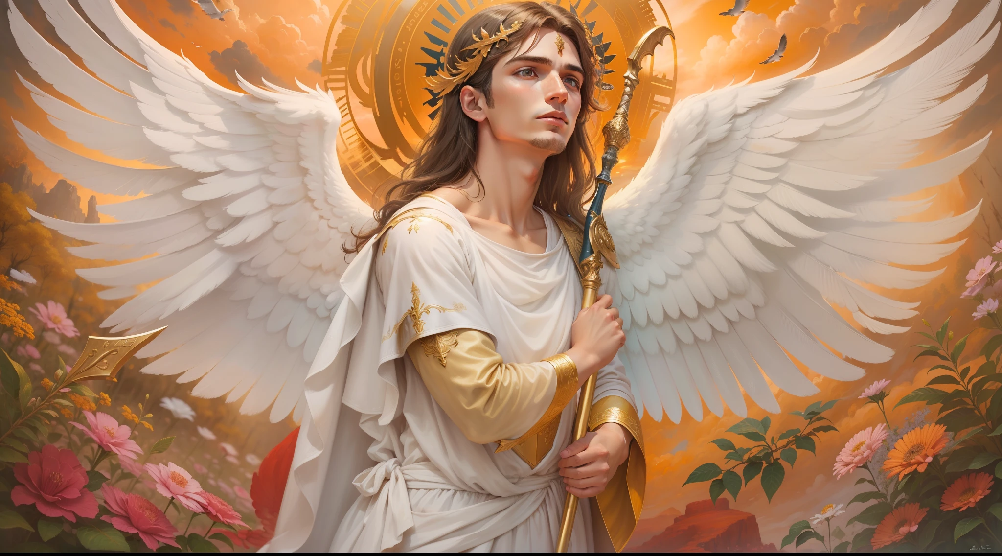 There is a painting of an angel with wings in the sky, Anjo majestoso de corpo inteiro, vestido com roupas brancas e vermelhas, biblical accurate angel, Arcanjo Miguel, anjo protegendo em guarda, angel spirit guide, angelic, Arcanjo Miguel, humano alado, epic angel wings, anjo lindo, anjo, being brilliant angelic, angelic, Tema de anjo, Alto Anjo tiro distante, Biblical setting, anjo guerreiro, with a spear in his hand, vestes vermelhas estilo soldado romano, anjo aparentando idade de 40 anos e majestoso