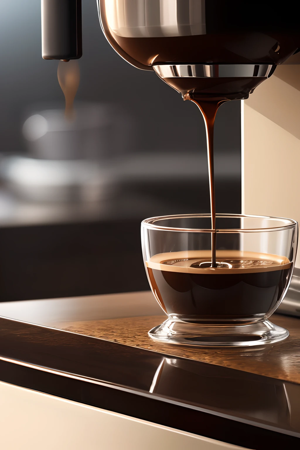 Macro photograph of the detail of espresso coming out of the Italian coffee maker to the transparent glass cup. Hyper-realistic detail of the machine, of the cup and the coffee dropping creamy. kinematic lighting, 8k