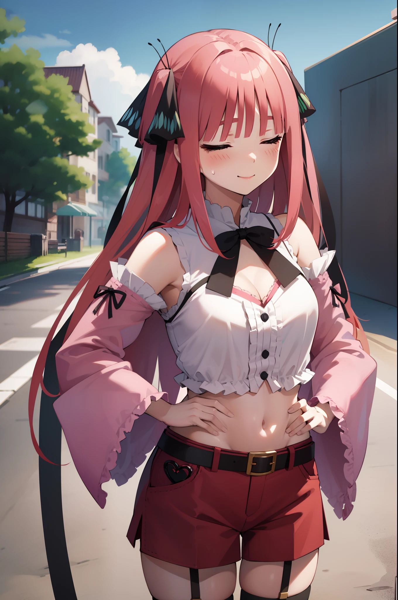suzunapc, looking at viewer, blush, smile, large breasts, long sleeves, bow, navel, cleavage, hair between eyes, bare shoulders, very long hair, closed mouth, standing, collarbone, pink hair, heart, sidelocks, thighs, cowboy shot, sweat, outdoors, detached sleeves, one eye closed, horns, sky, shorts, choker, day, midriff, belt, hand up, wide sleeves, bowtie, armpits, stomach, blurry, blue sky, groin, hand on hip, short shorts, v, black bow, detached collar, depth of field, blurry background, garter straps, demon horns, lace trim, ;), black bowtie, cross-laced clothes, red shorts