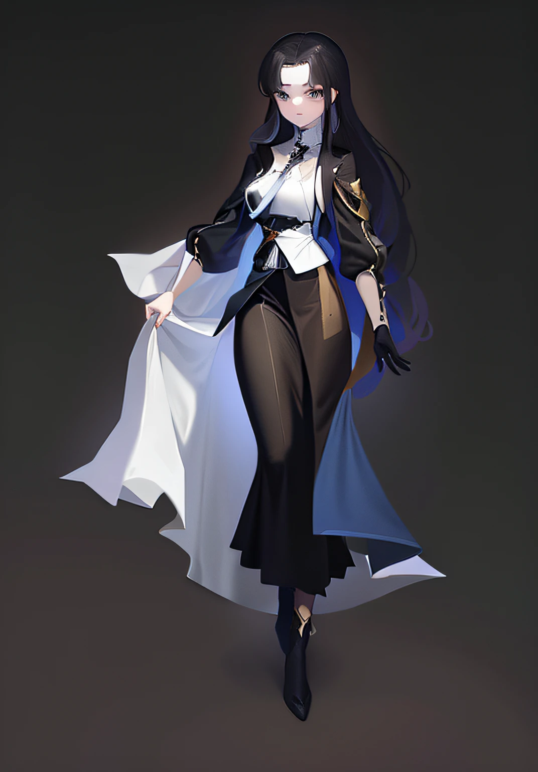 Anime characters with long hair in a white shirt and a long black dress, a black cloak, official character art,, official character illustration, anime full body illustration，Single character full body