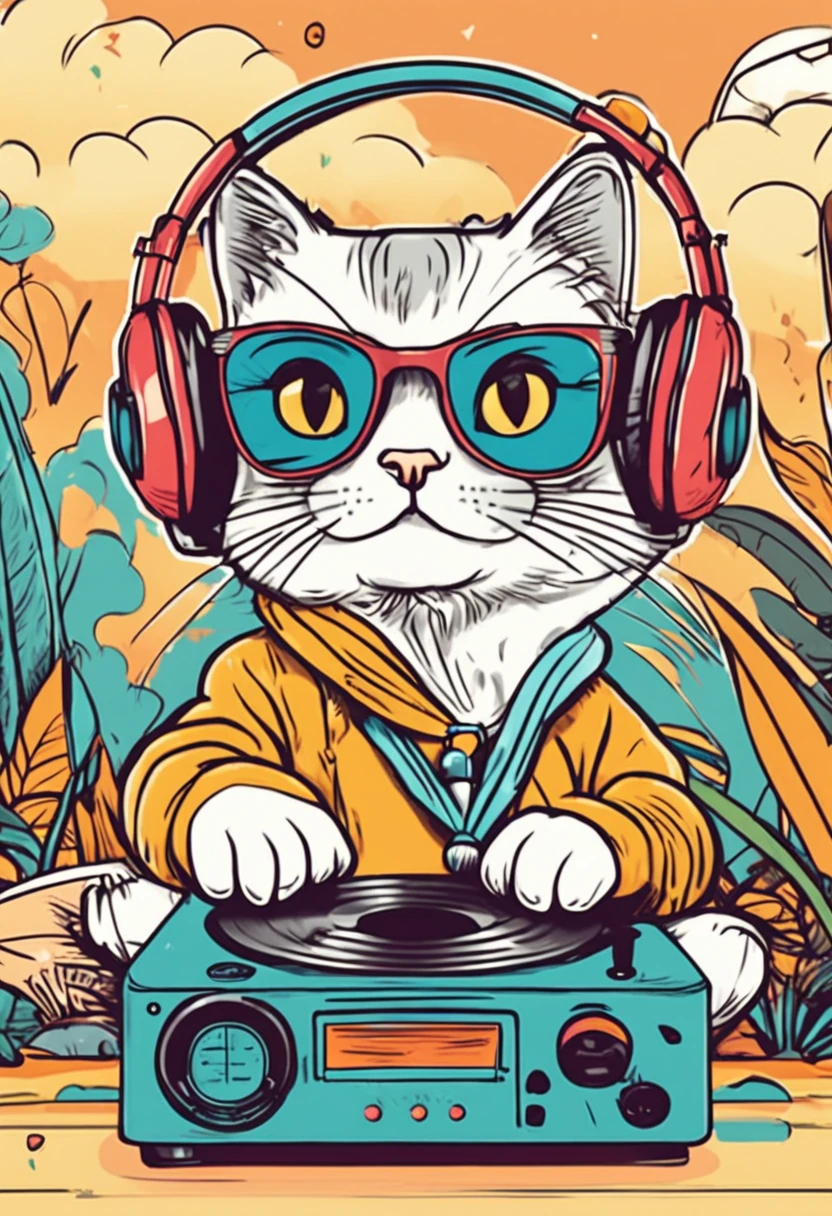 Cute stickers, Cat DJing with headphones, Tropical Beach, colourfull、Retro Classic, simple drawing,３〜６Stickers for children aged