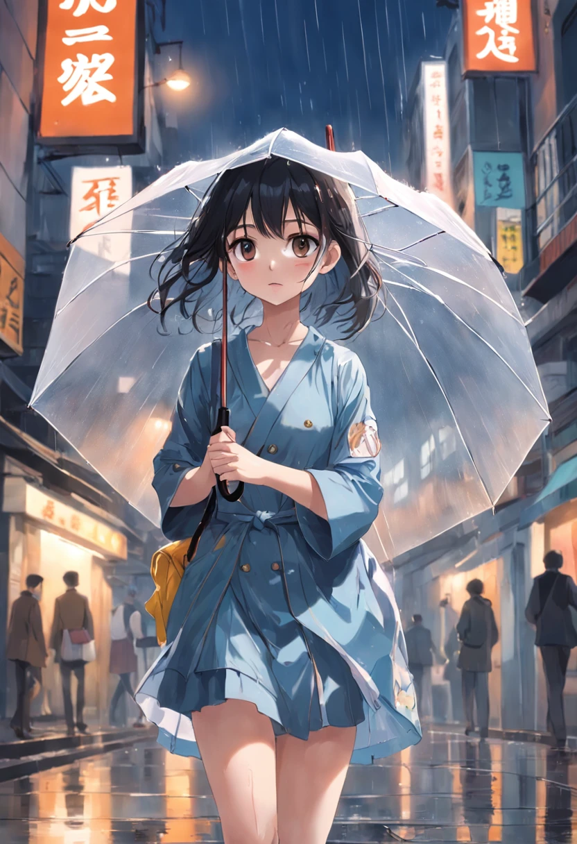 We can see a young girl,She wore a lingerie,Carrying a small bag,The slender hair flutters with the breeze。She has a beautiful face,The eyes are clear and bright。 The girl was holding a special umbrella,This umbrella is transparent,Without any frills,The umbrella surface is wide and rounded。On busy streets full of people,Her figure is different。 The streets are lined with passers-by hurrying by,Wear a variety of costumes,Busy getting things done。Someone rushed to the office,Someone rushed to school with school bags。These people came and went around her,As if forming a raucous backdrop。 Sin embargo,In this noisy environment,The girl is different。She kept her pace calm,Under the umbrella, she seems to have entered a separate space。The transparent raindrops on the umbrella surface swayed as she moved,It's like sparkling ripples on the surface of the water。 There was no tiredness on the girl's face,Instead, it exudes serenity and firmness。Her eyes reveal inner thinking and depth。Maybe she's looking for her direction,Perhaps she was thinking about the meaning of life。 In this picture, a girl holding a transparent umbrella walks at the junction of people,It shows a kind of solitude and calmness that is different,At the same time, it also sketches a charming picture of youth。