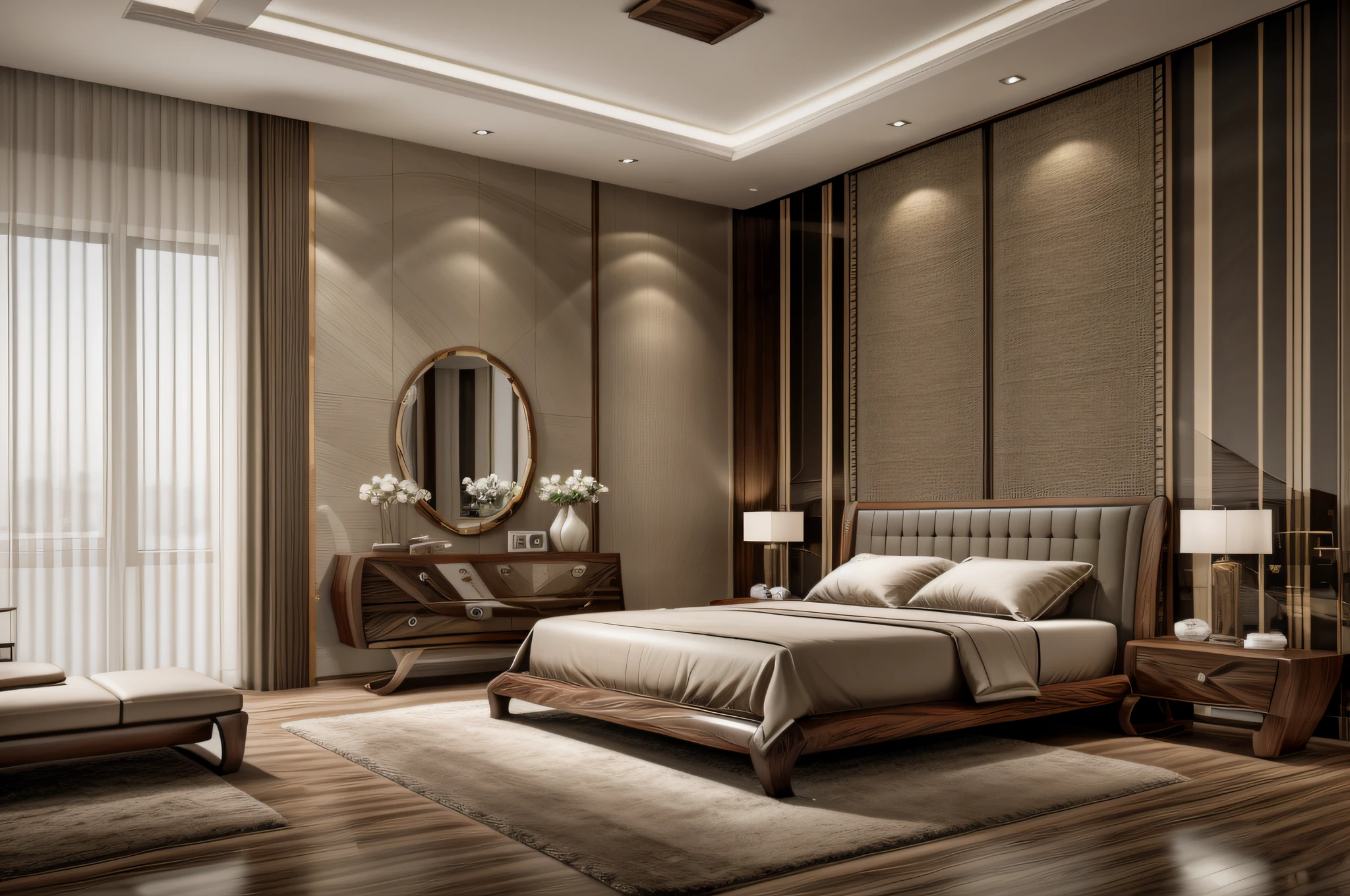 Modern, luxurious bedroom, Modern style interior, furniture made of walnut, masterpiece, surreal, 32k, extremely detailed CG unity 8k wallpaper, best quality