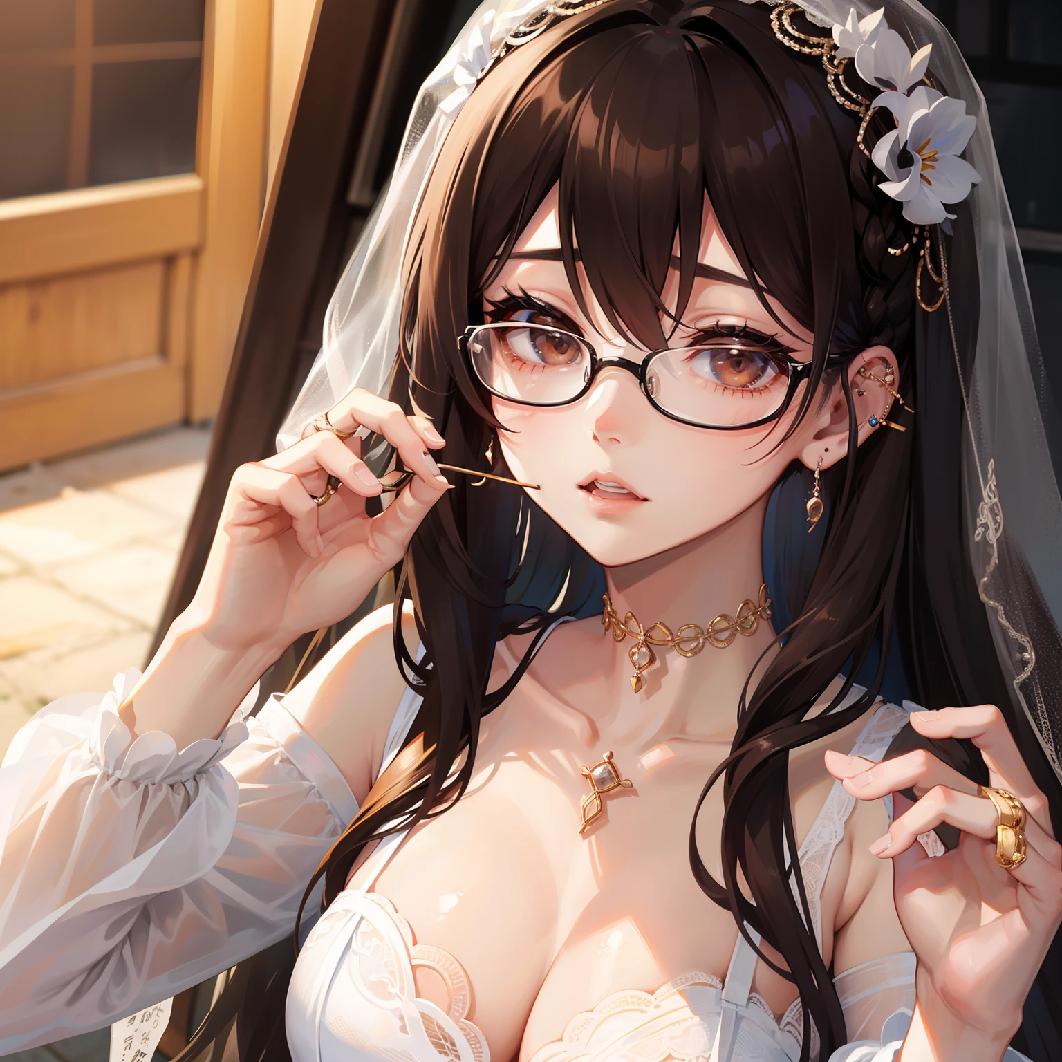 1人の女性、brown haired(long)、Brown eyes、Black-rimmed glasses、Ring piercing of the earlobe、wedding dress、