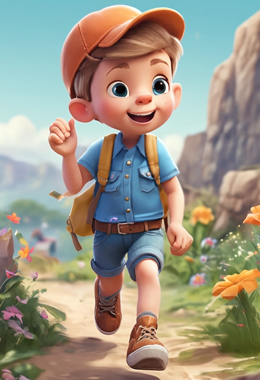 the little explorer, various poses and expressions on white background, children's book illustration style, simple, cute, 6 years old, colors, short blond hair, plain color, blue short-sleeved shirt, denim shorts without belt, without hat, without book, no glasses, no backpack