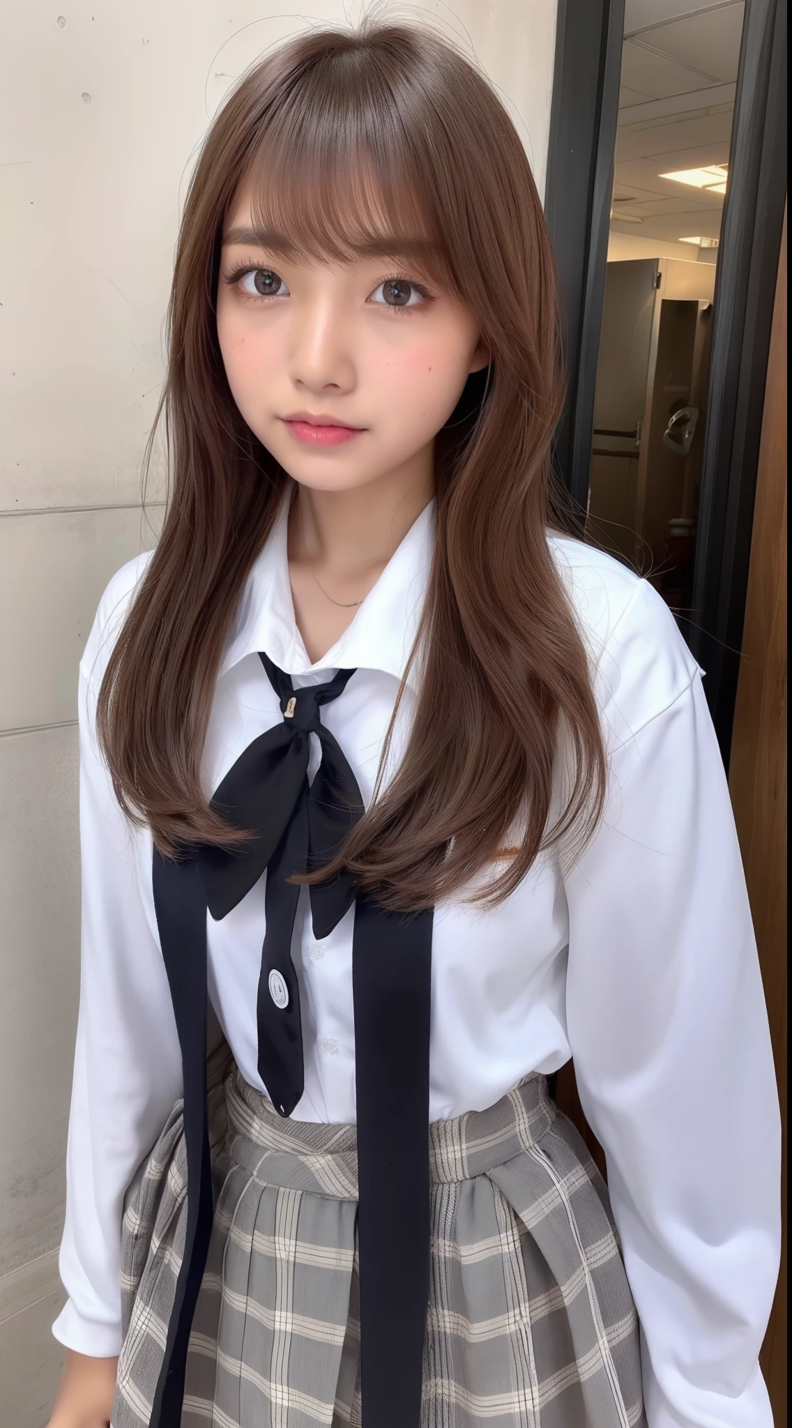Wheat-toned skin、sun burn、Dark skin、Fancy School Girl、full body Esbian、1girl in、With bangs、