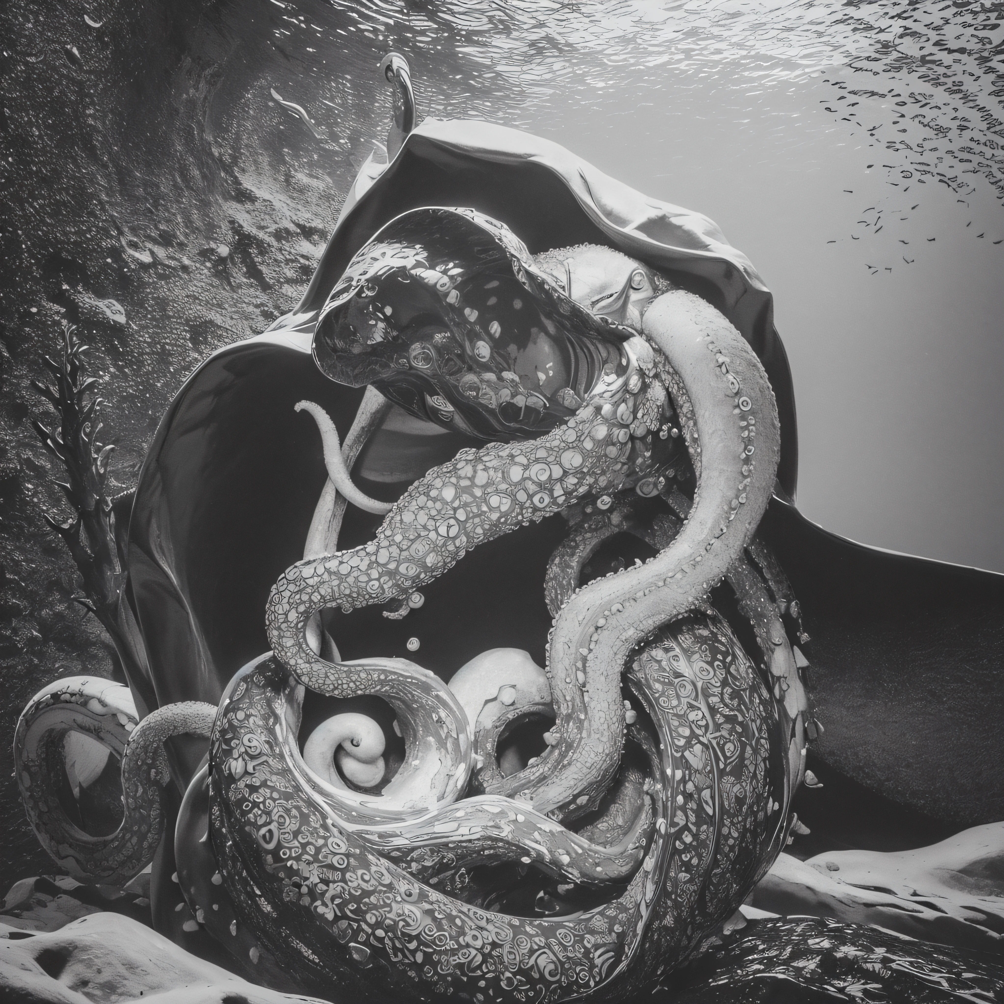 (extremadamente detallado, obra maestra, La mejor calidad, Under the Ocean), Estilo oscuro, volumetric illumination. armadura medieval, rostro con arrugas, lengua larga, tentacle, deforme, imagen submarina vista desde el exterior, pico de pulpo amenazante. manchas de tinta. Rococo composition. Luz de caravaggio