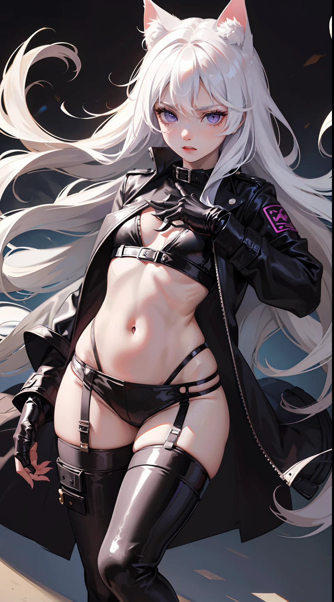 young girl, Long white hair, cat ears, violet eyes, leather jacket, briefs, tear stockings, Black Top, open belly, Lots of scars, claws, anger, Masterpiece, hiquality