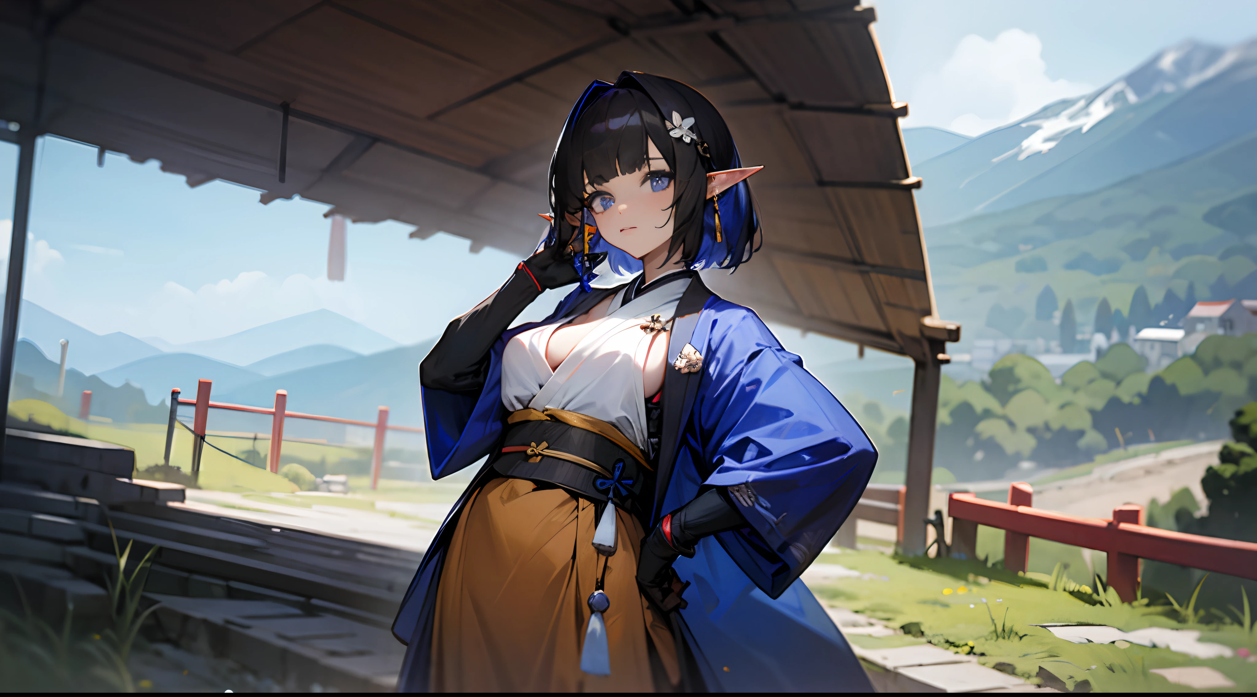 Eunectes,  tits, Against the background of the mountain, Japanese outfit,