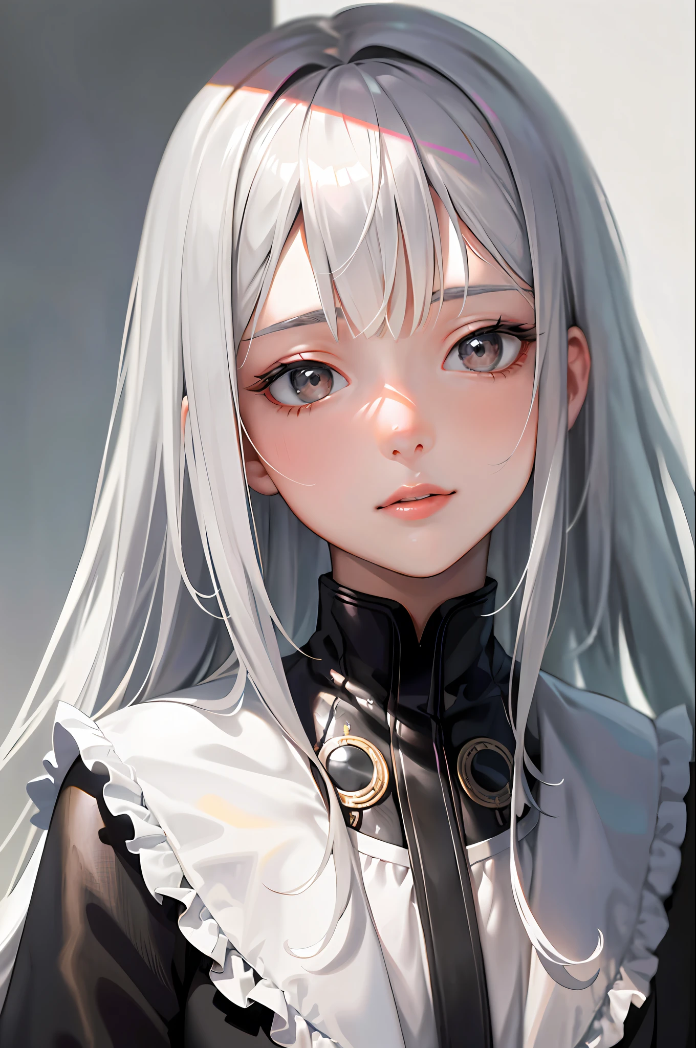 (masterpiece, side illumination, finely detailed beautiful gray eyes: 1.2), masterpiece*portrait, realism, 3d face, shiny skin, long white hair, bangs