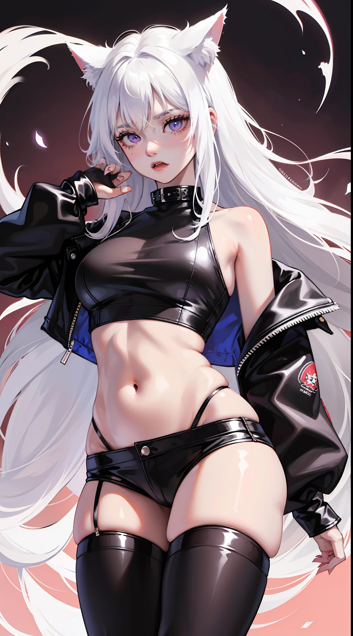 young girl, Long white hair, cat ears, violet eyes, leather jacket, briefs, tear stockings, Black Top, open belly, Lots of scars, claws, anger, Masterpiece, hiquality