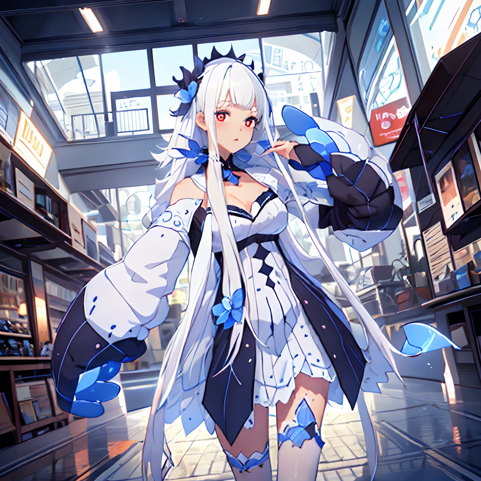 ((Best quality)), ((Masterpiece)), ((Ultra-detailed)), (illustration), (Detailed light), (An extremely delicate and beautiful), Dramatic perspective,A charming young girl,Long white hair,Red pupils,a blue dress,Half chest exposed,Long sleeves,white stockings