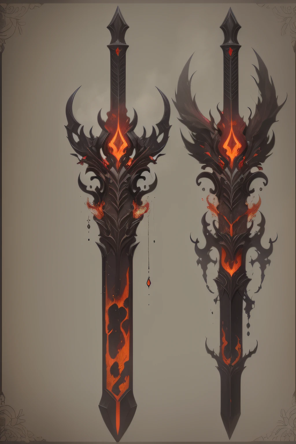 Blazing mythic sword pulled from infernal depths, molten lava dripping on obsidian blade, demonic runes Items and gear listed on the side