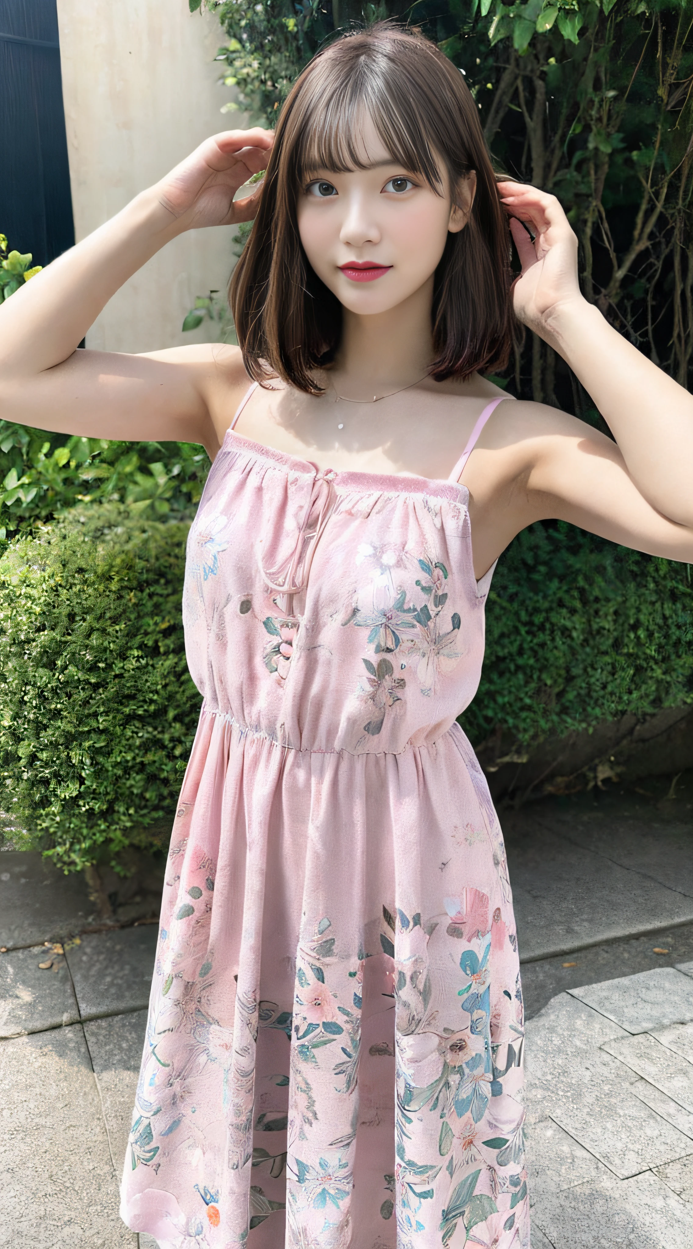 dress pink thin flower pattern , medium breast , blonde hair