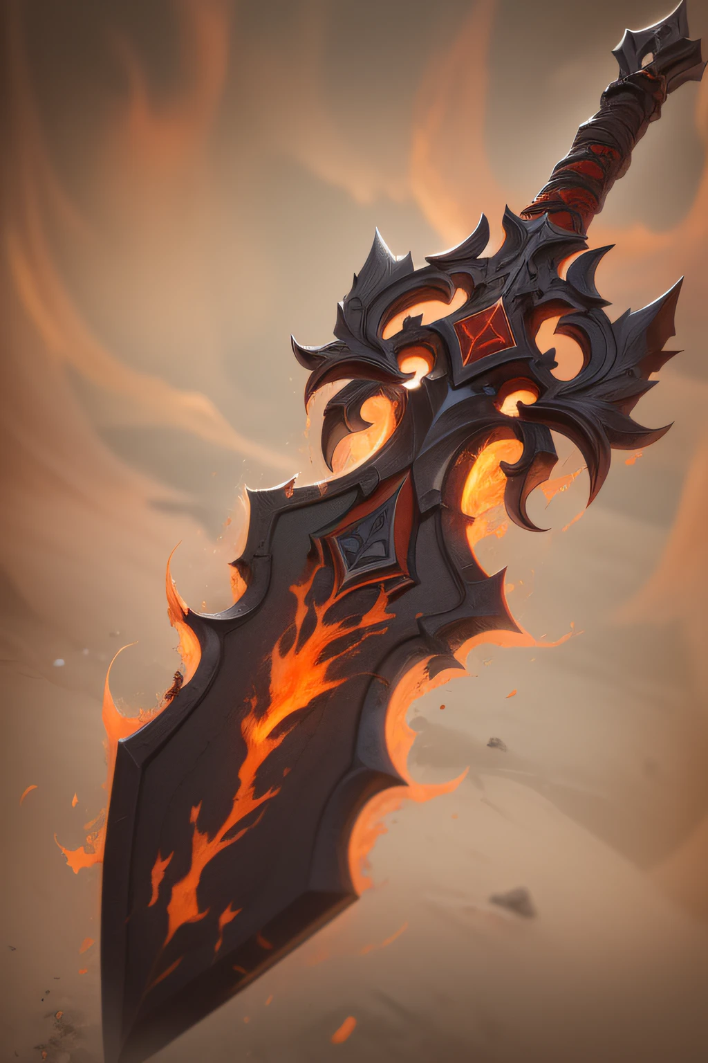 Blazing mythic sword pulled from infernal depths, molten lava dripping on obsidian blade, demonic runes Items and gear listed on the side