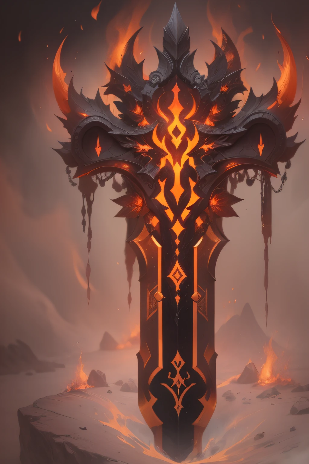 Blazing mythic sword pulled from infernal depths, molten lava dripping on obsidian blade, demonic runes Items and gear listed on the side