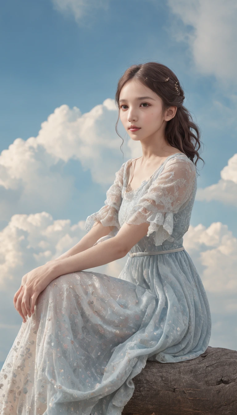 blue sky, white cloud, a big whale fly in the sky, a girl sitting on the whale, masterpiece, illustration, extremely delicate and beautiful, very detailed, CG, amazing, fine detail, masterpiece, best quality, official art,QMSJ,candy-coated,1girl