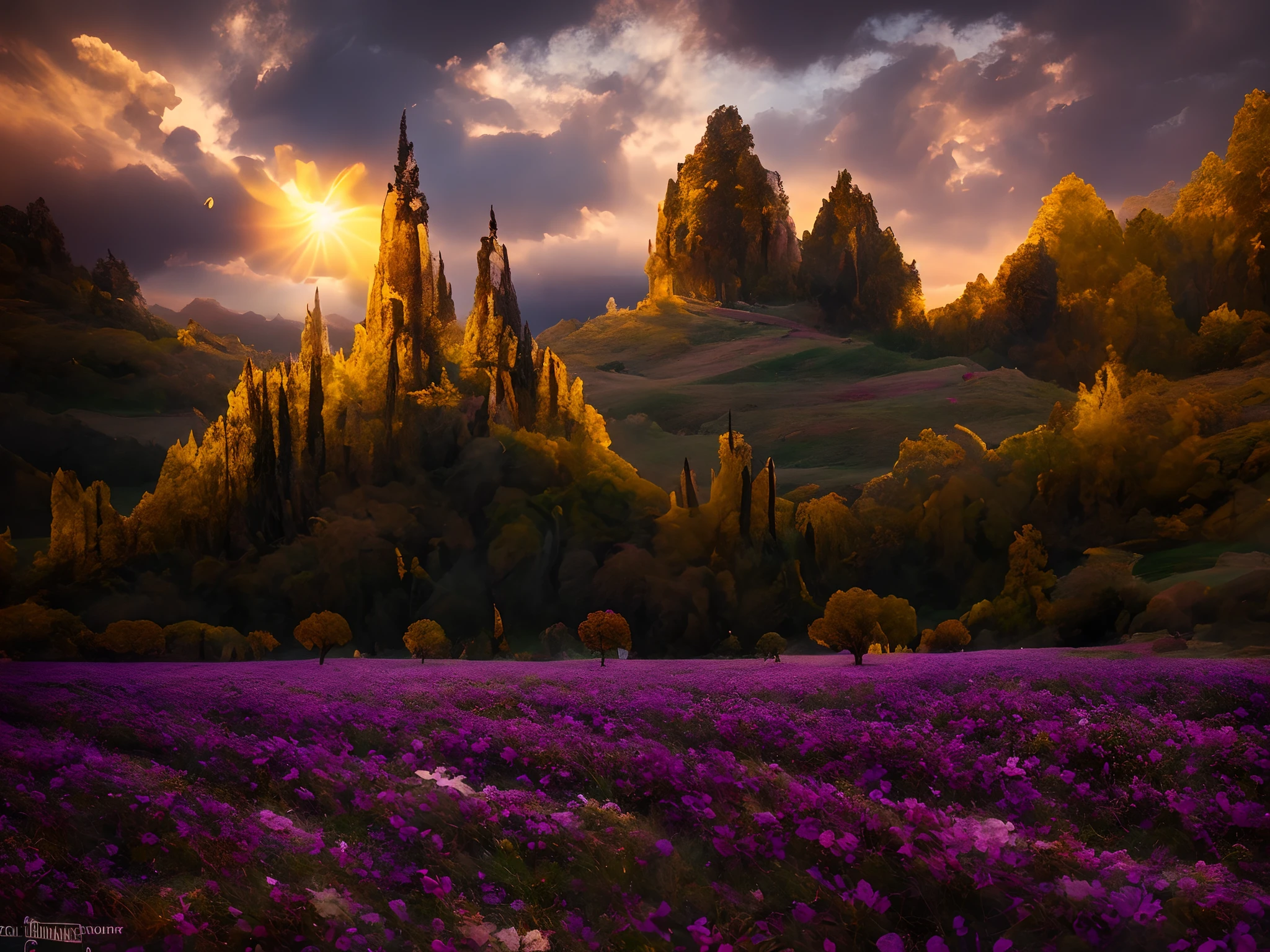 montanhas distantes, a sunset, vasto campo de flores, scattered trees, Marcos Adamus, fantasy scenic, Arte de fantasia 8k, magical landscape, Ryan Dyar, detalhes intrincados, trabalho premiado, cinematic quality, cinemactic, 8k