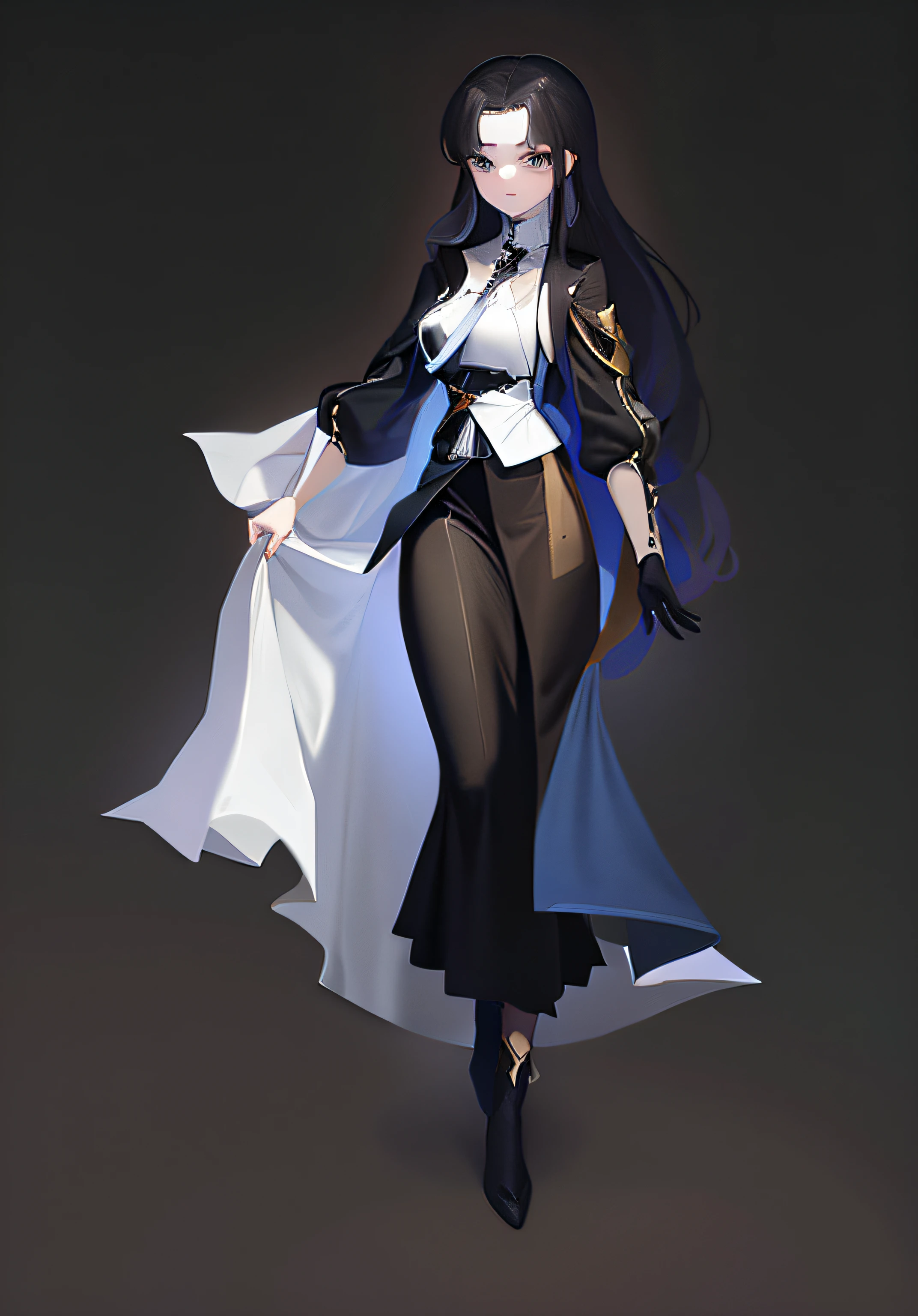 Anime characters with long hair in a white shirt and a long black dress, a black cloak, official character art,, official character illustration, anime full body illustration,Single character full body