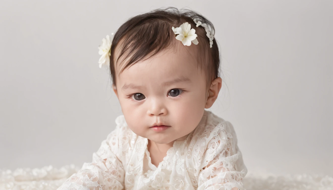 A 4--old r，Sleep on your tummy，white  clothes，Full body photo，Asians，photographed、photore，k hd，Heads-up