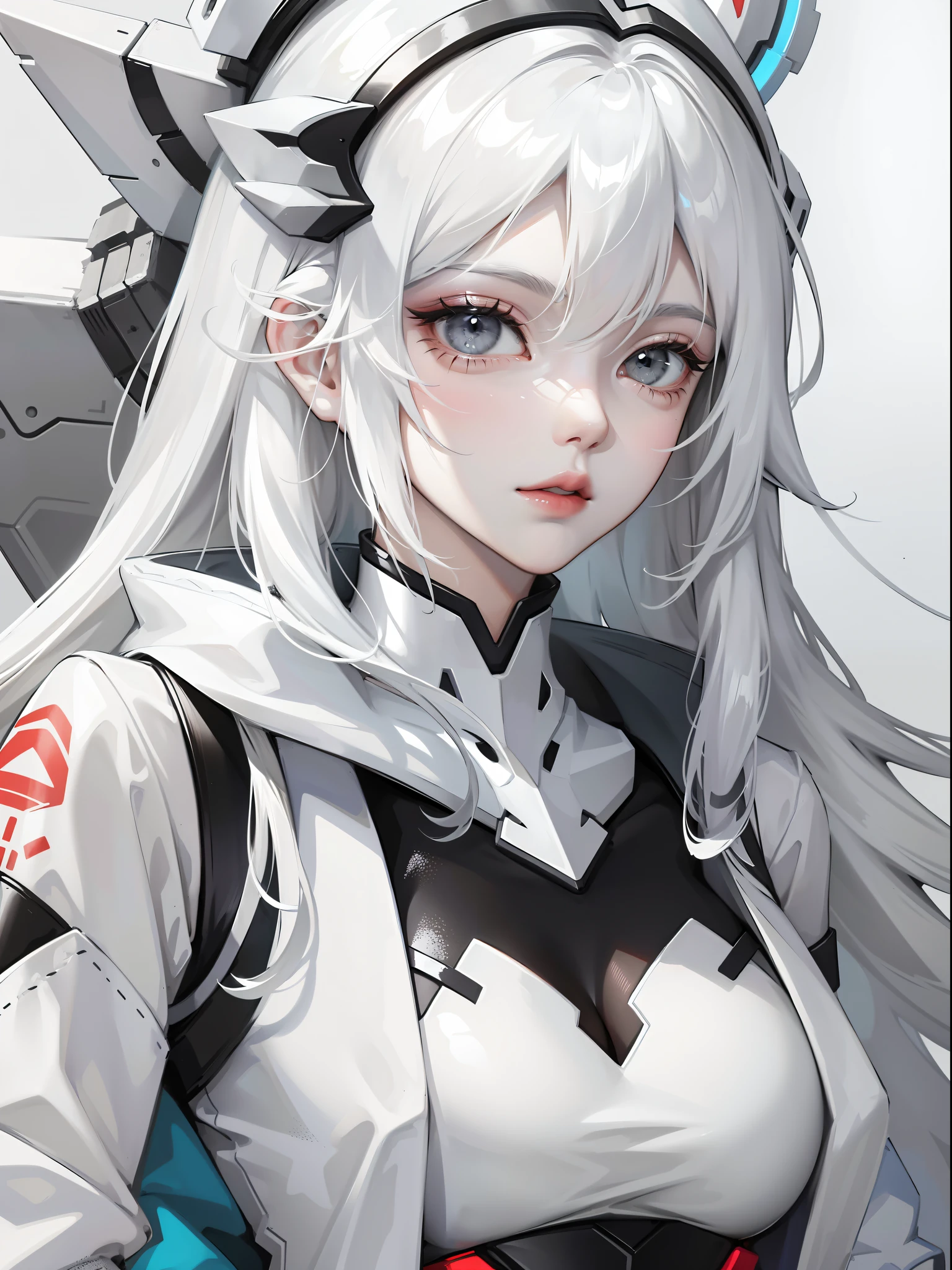 Close-up, anime girl, white hair, white eyes, white and grey clothes, white and grey accessories, mecha