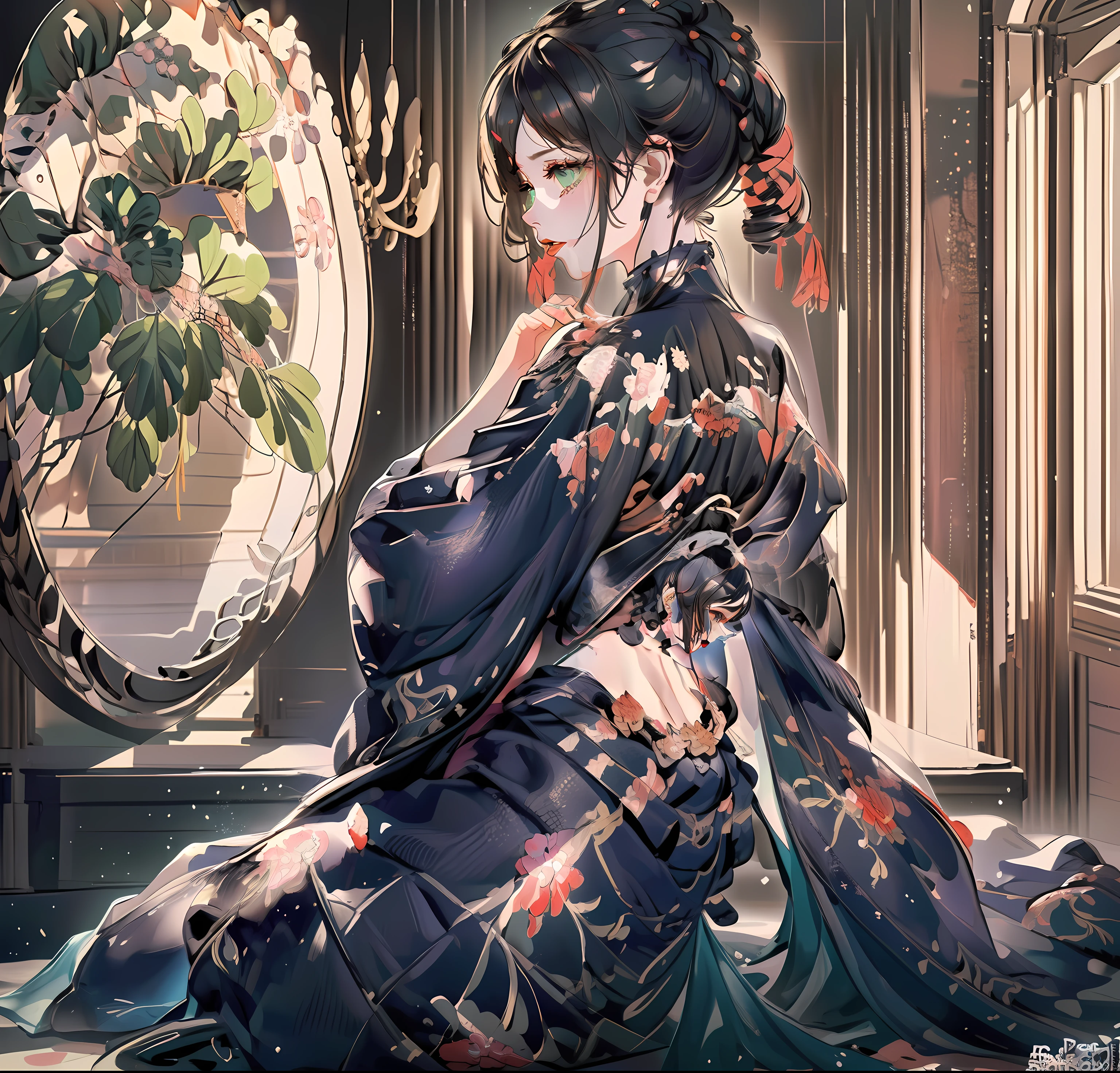 (masterpiece:1.2), (best quality1.2), detailed, ( sex:1.2), 1 girl wizard,(mature), open forehead,curly hair, (medium hair), red hair, green eyes, cape, thigh gap, small medium breasts, large hips, red lipstick, choker, (top-down bottom-up:0.8), (orc:1.2), (from behind)ultra detailed of a beautiful profile woman, bikini, 150 mm, beautiful studio soft light, vibrant details, lace, hyperrealistic, elegant, beautiful background, octane render, H. R. Giger style, 8k, best quality, masterpiece, illustration, an extremely delicate and beautiful, extremely detailed, wallpaper, (realistic, photo-realistic:1.37),Amazing, finely detail, masterpiece,best quality,official art, extremely detailed CG unity 8k wallpaper, absurdres, incredibly absurdres, full body, sitting, Hentai.