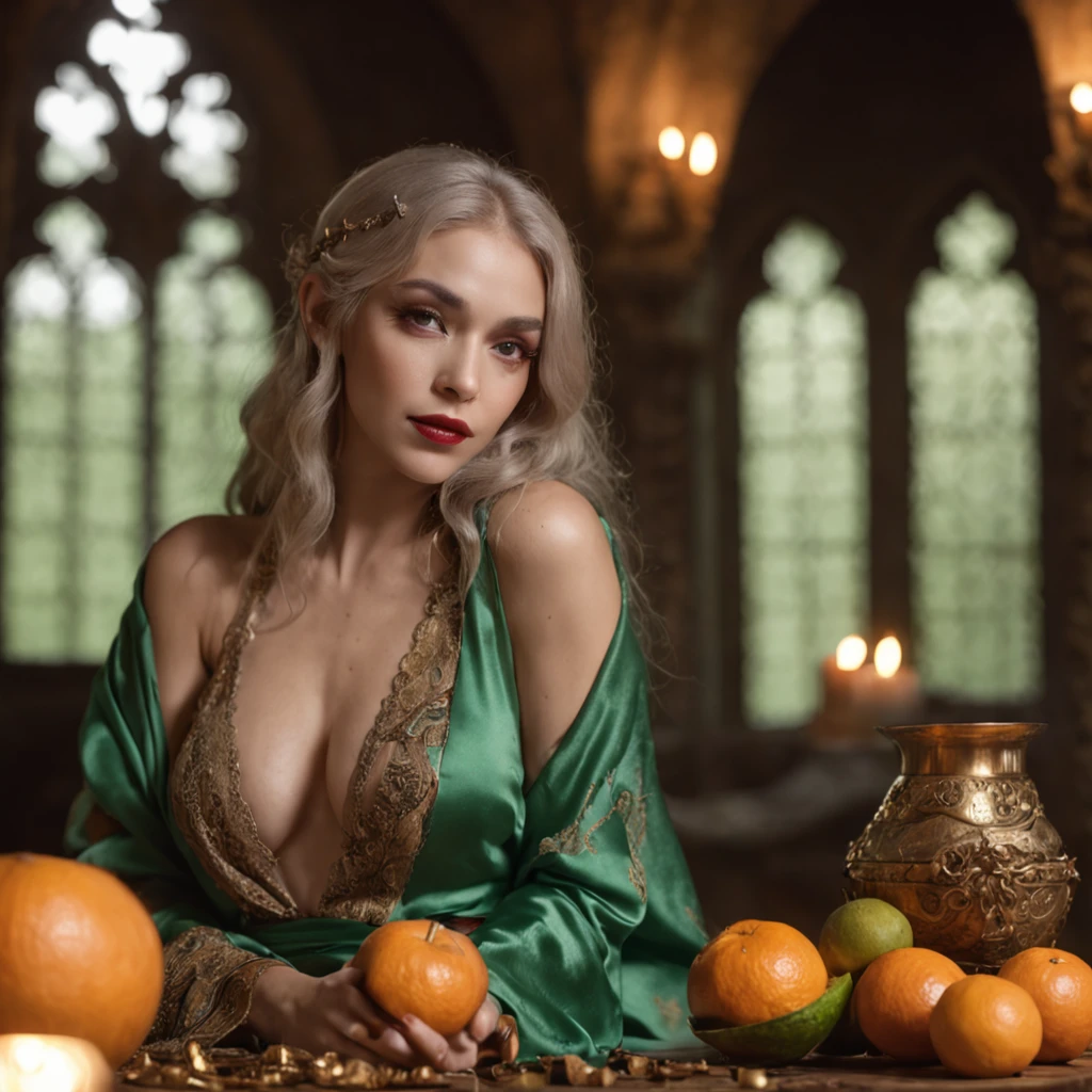 120mm photograph medium format film photography Kodak portra hot fantasy elven prostitute arching on an intricate medieval table full of exotic drinks and fruits, intricate silk robe, lustfull, steamy, warm, dark fantasy, low angle shot, lit by candlelight, low light, high contrast