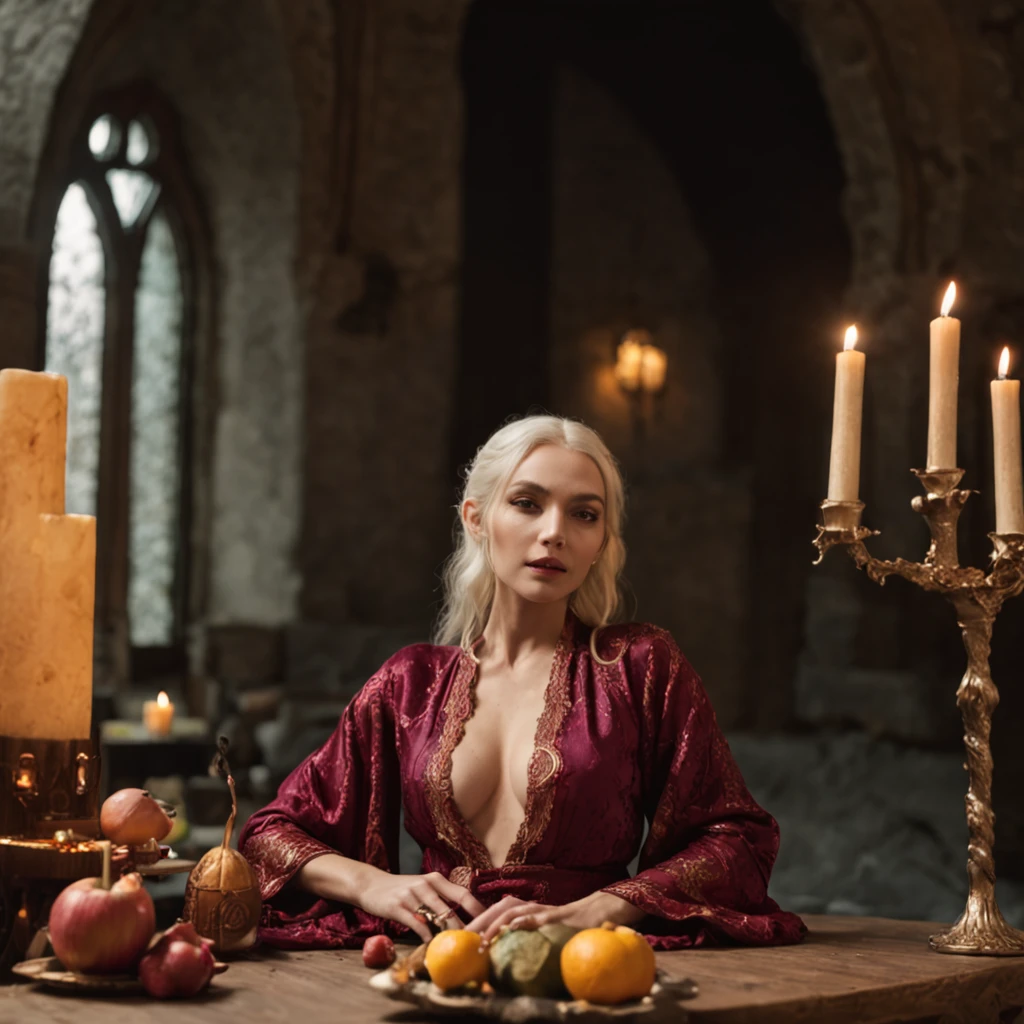 120mm photograph medium format film photography Kodak portra hot fantasy elven prostitute arching on an intricate medieval table full of exotic drinks and fruits, intricate silk robe, lustfull, steamy, warm, dark fantasy, low angle shot, lit by candlelight, low light, high contrast