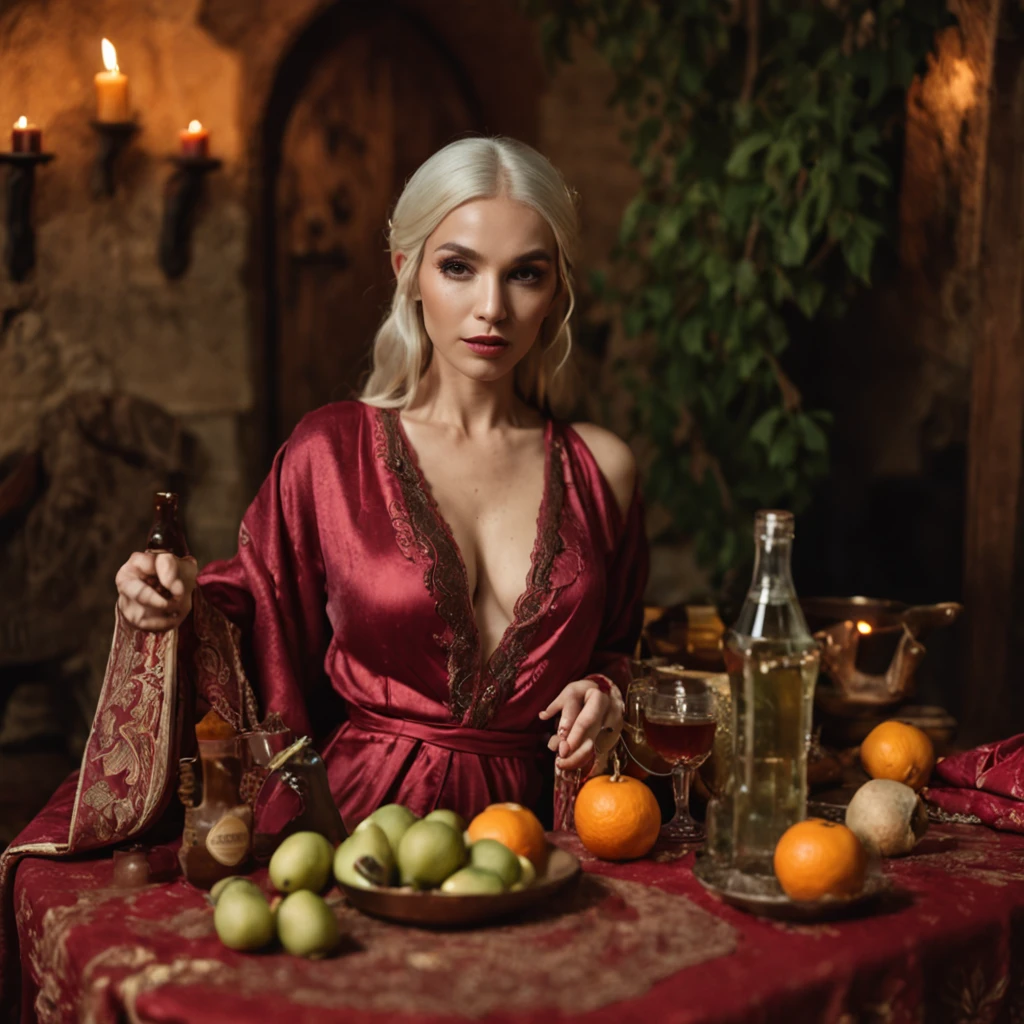 120mm photograph medium format film photography Kodak portra hot fantasy elven prostitute arching on an intricate medieval table full of exotic drinks and fruits, intricate silk robe, lustfull, steamy, warm, dark fantasy, low angle shot, lit by candlelight, low light, high contrast