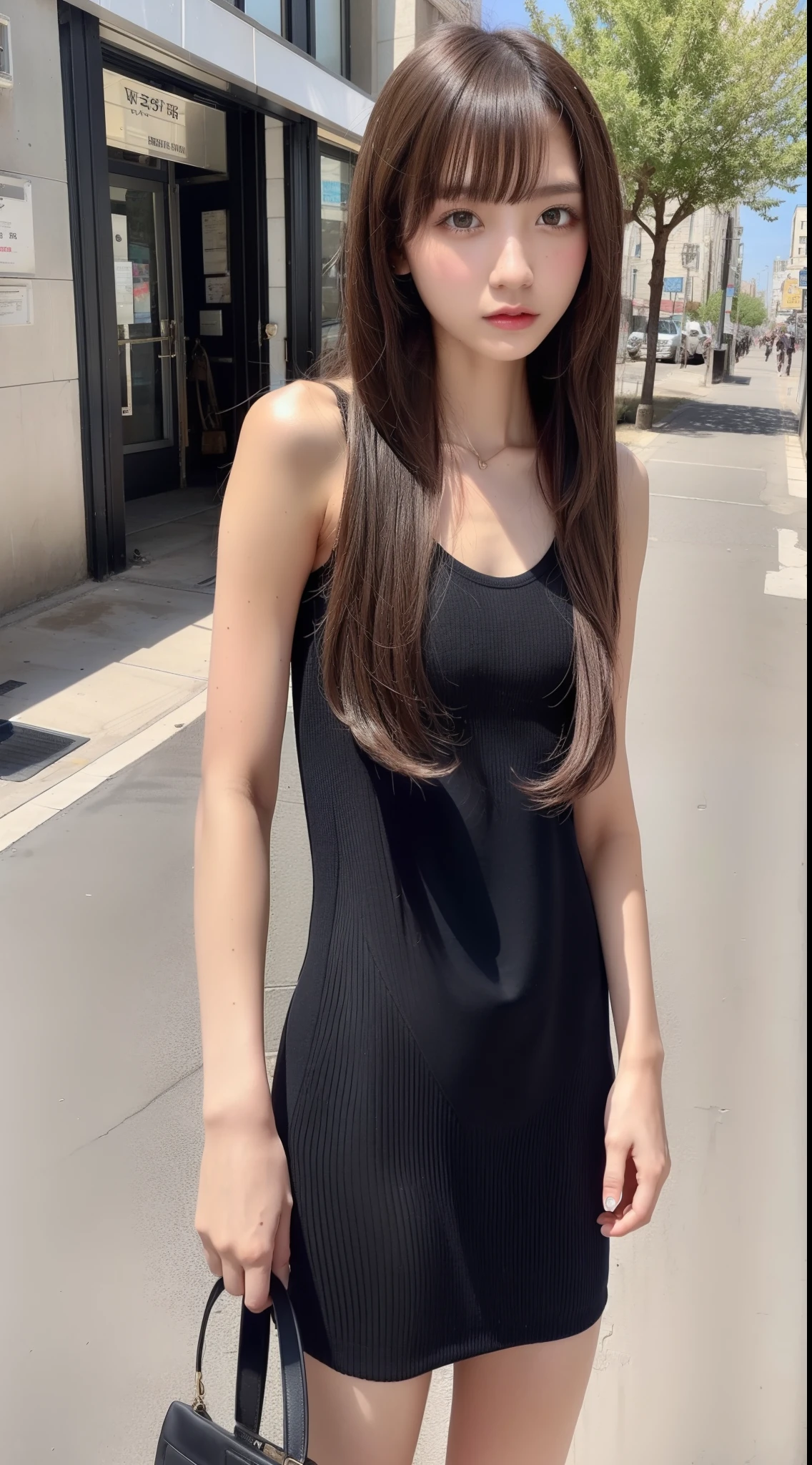 Wheat-toned skin、sun burn、Dark skin、Sexy street fashion、street、full body Esbian、1girl in、With bangs、