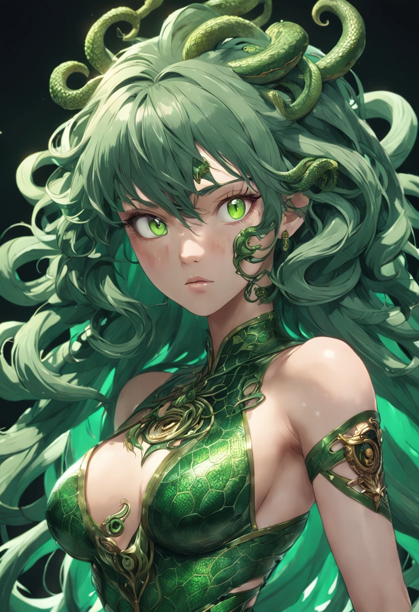 ((best quality)), ((masterpiece)), ((realistic)), Medusa, full body, the hair is composed of countless small snakes, ((green eyes)), female face, metal carved top, royal aura, trend on artstation , sharp focus, studio photo, intricate detail, very detailed, detailed eye, illustration, very detailed, sharp focus, digital render, professional, 4k