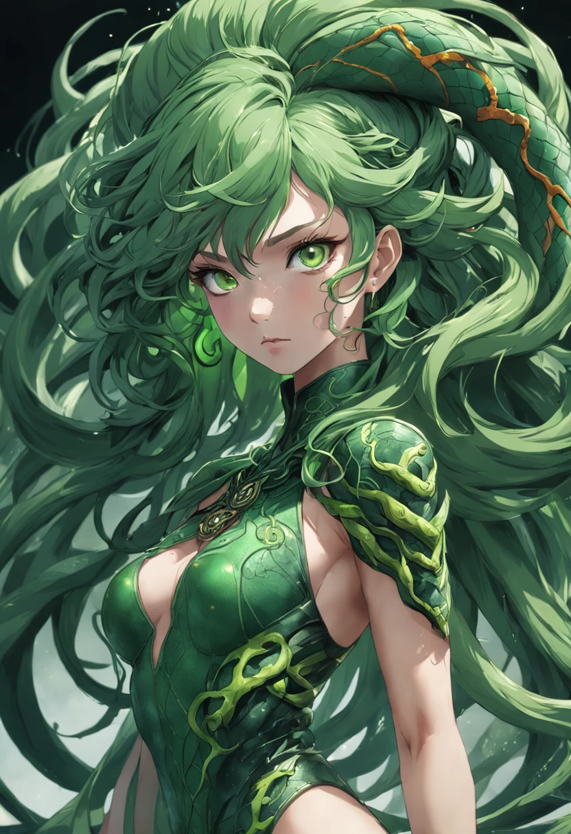 ((best quality)), ((masterpiece)), ((realistic)), Medusa, full body, the hair is composed of countless small snakes, ((green eyes)), female face, metal carved top, royal aura, trend on artstation , sharp focus, studio photo, intricate detail, very detailed, detailed eye, illustration, very detailed, sharp focus, digital render, professional, 4k