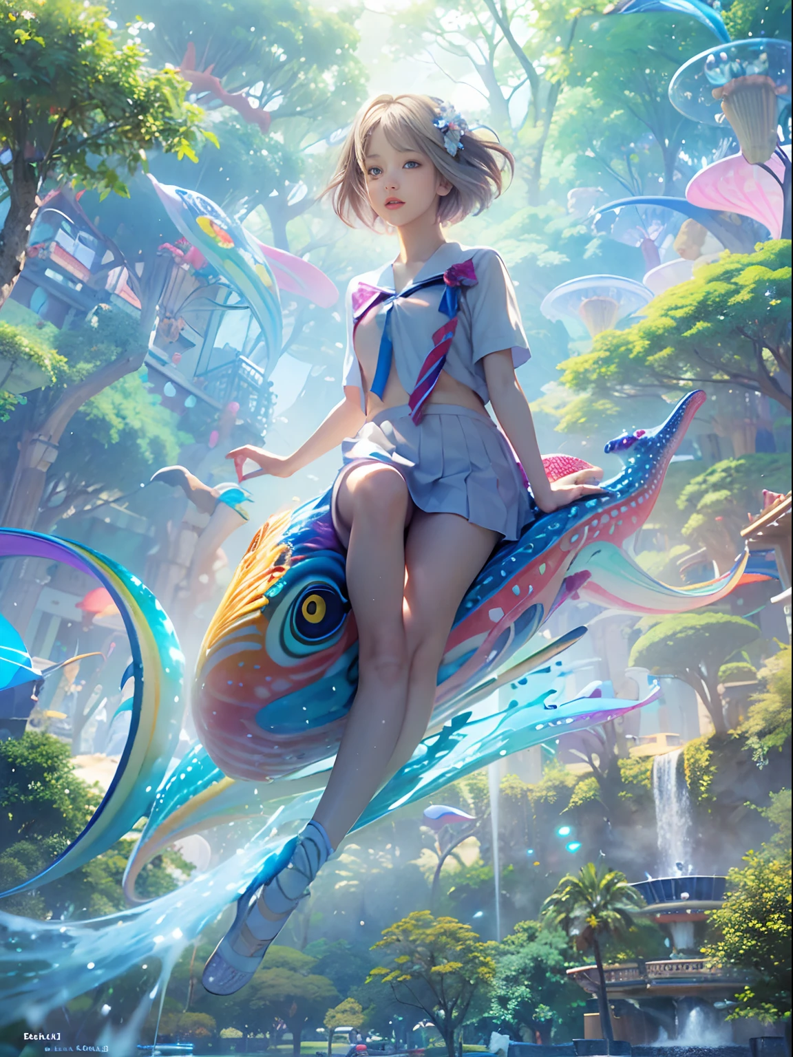 (Best Quality, Masterpiece: 1.1), (Realistic: 1.4), Beautiful naked schoolgirl is riding on the rainbow squid, god ray, teen, silver short hair, blue eyes, full body, from below, hourglass body shape, flying over the park, crystallineAI, fractal art, splash