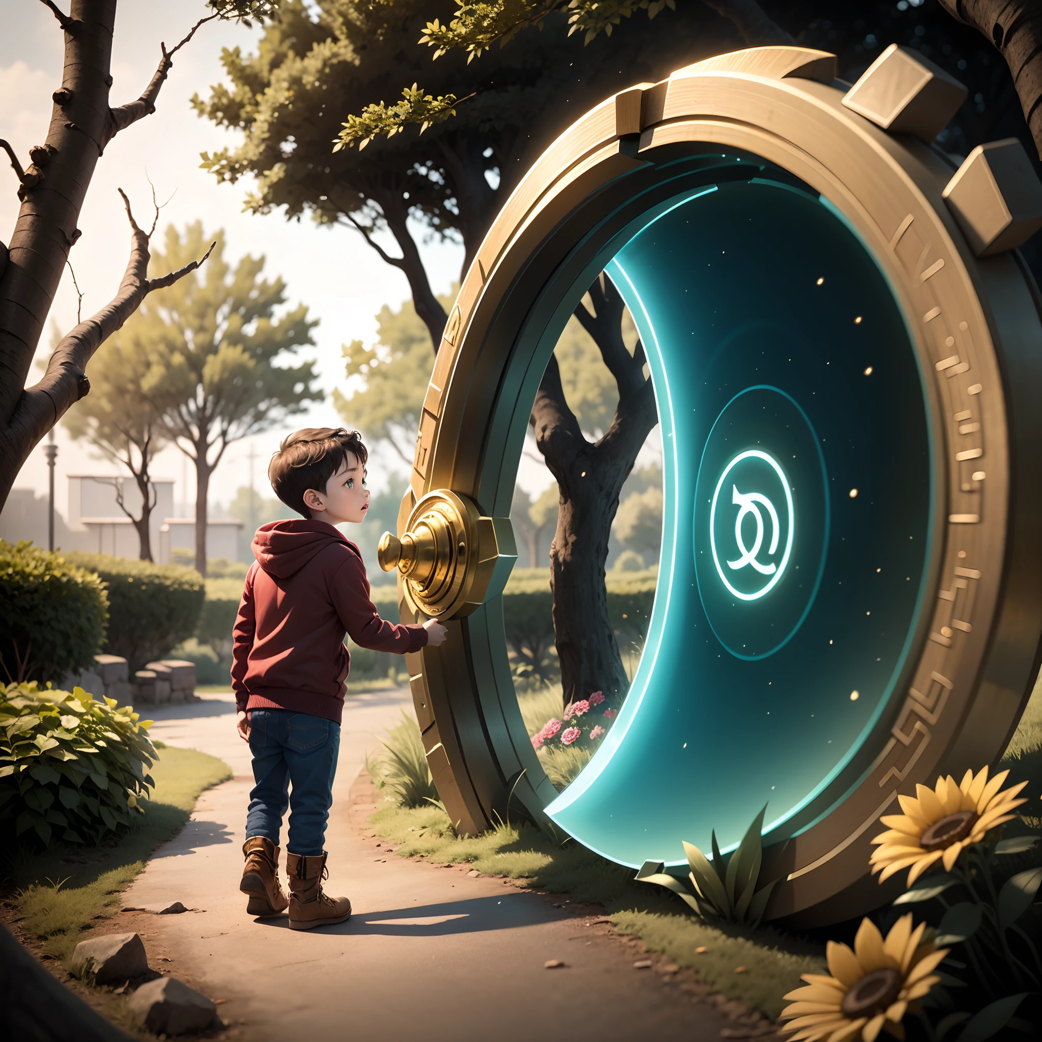 A magic portal appears between the trees,Shines brightly. The portal has ancient runes on its surface. In the background is a garden,There are colorful flowers and tree-lined trees. No primeiro plano,Look back at the portal, There was an 8-year-old boy wearing a sweater, Boots, And pants, and his Golden Retriever, As tall as a boy, Wear a red collar.