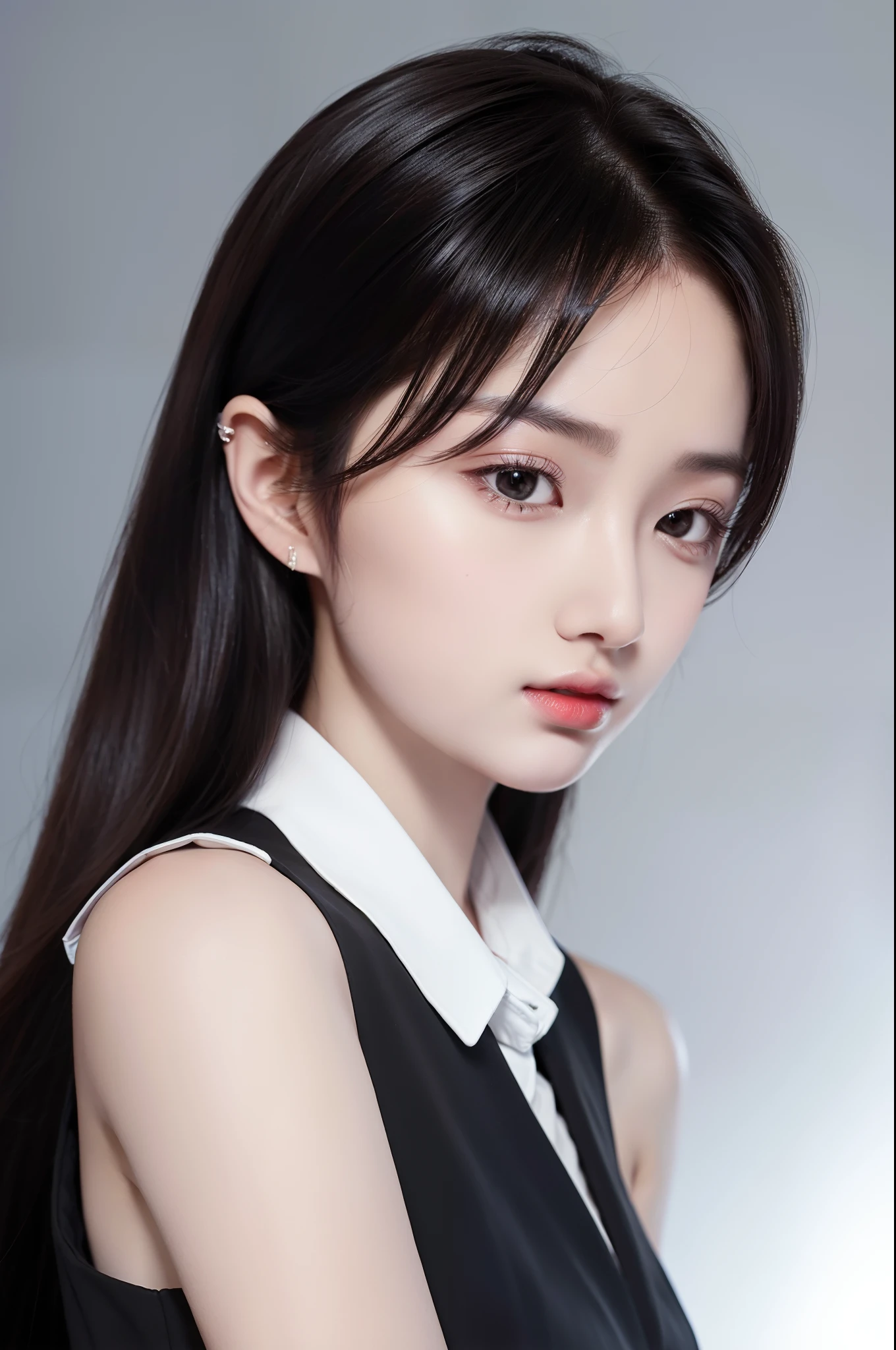 Best quality, high details, high resolution, HD, 16k,Close-up photo of shoulder-length short black hair girl in suit uniform, ultraclear, Flawless and delicate face, True delicate skin, big breasts beautiful, Delicate and clear eyes, Look at the screen, Simple, (simple Red background)